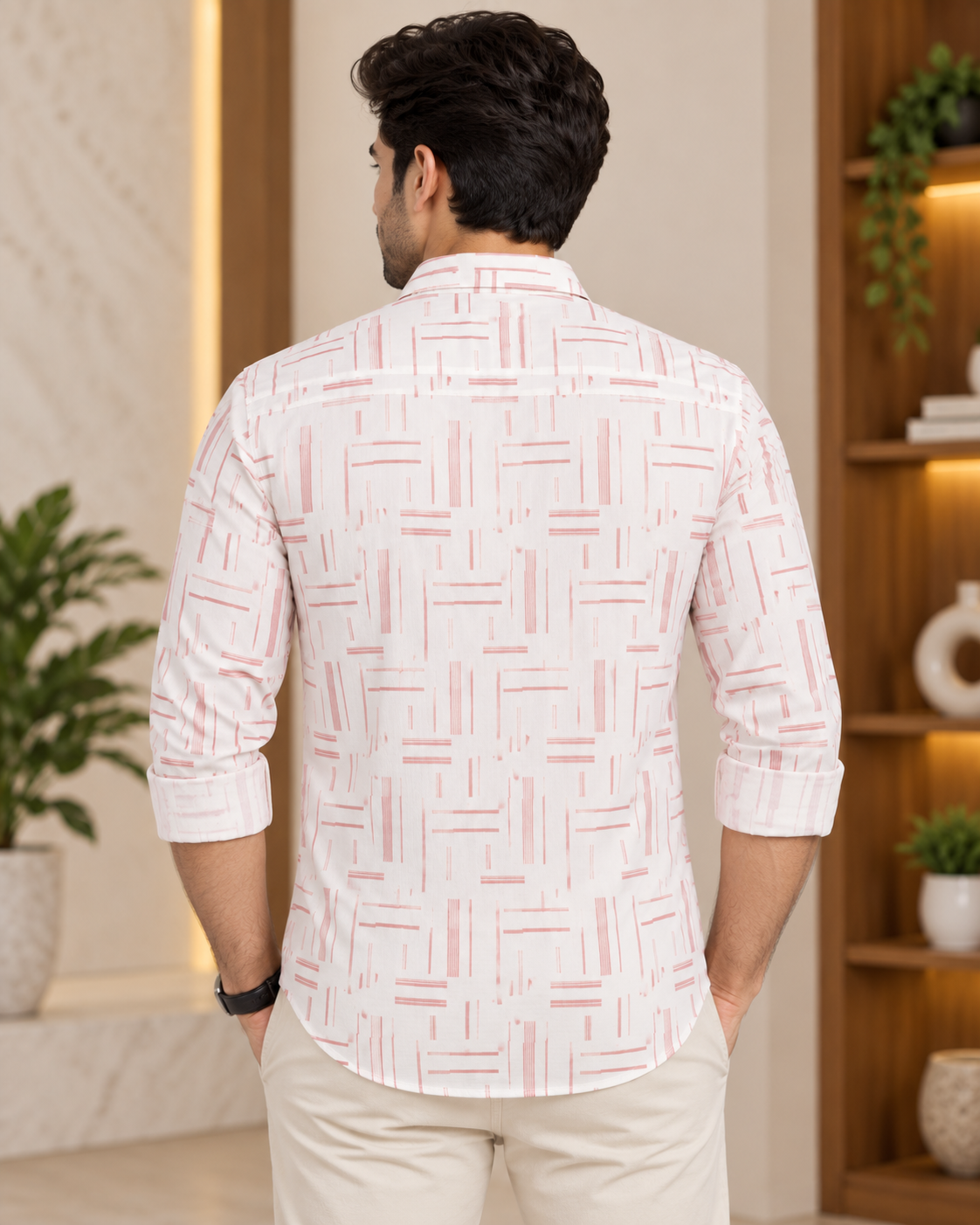 Men’s Off-White & Dusty Pink Abstract Print Half Sleeve Shirt