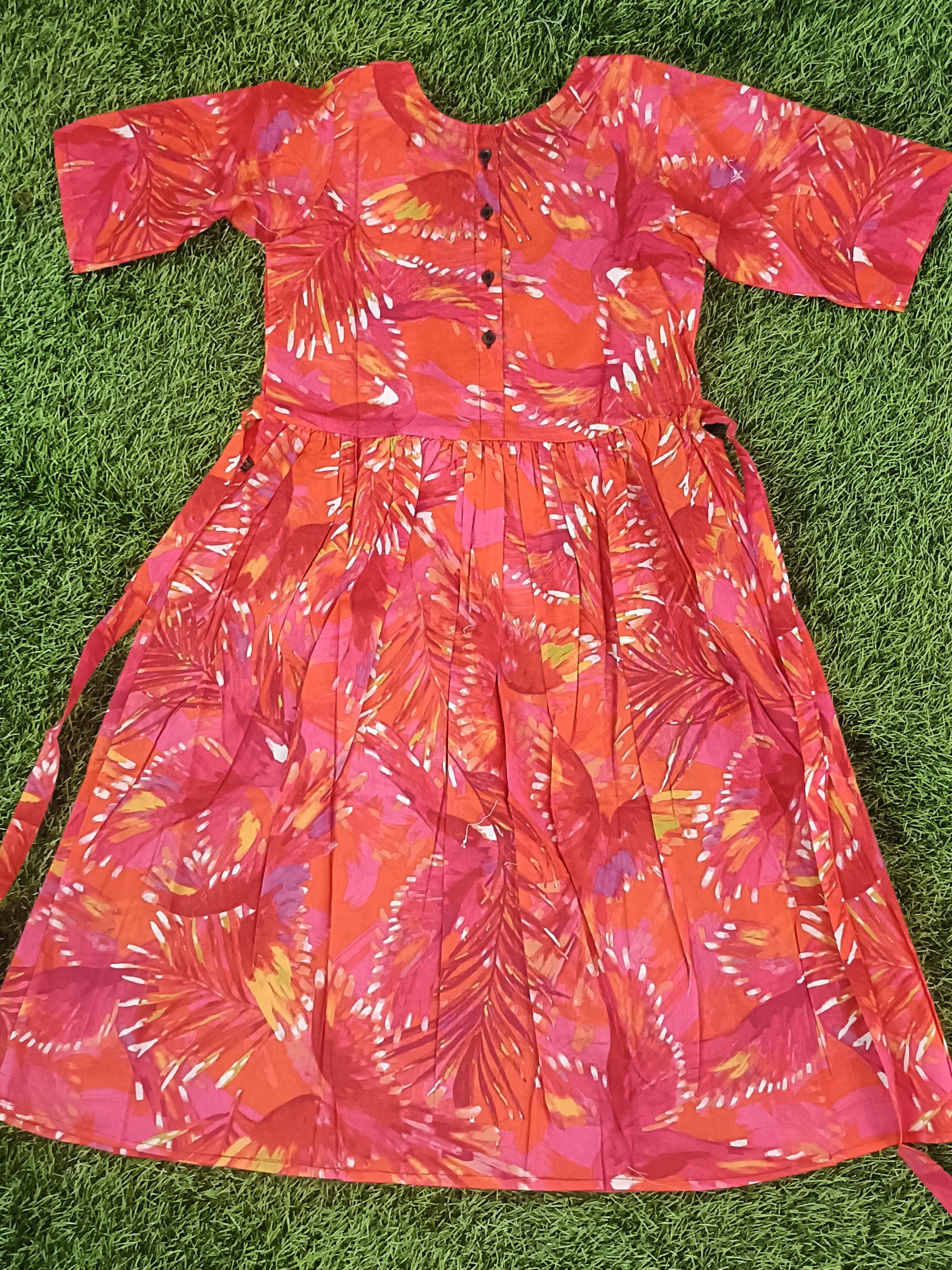 Girls' Vibrant Pink & Orange Gathered Tropical Dress