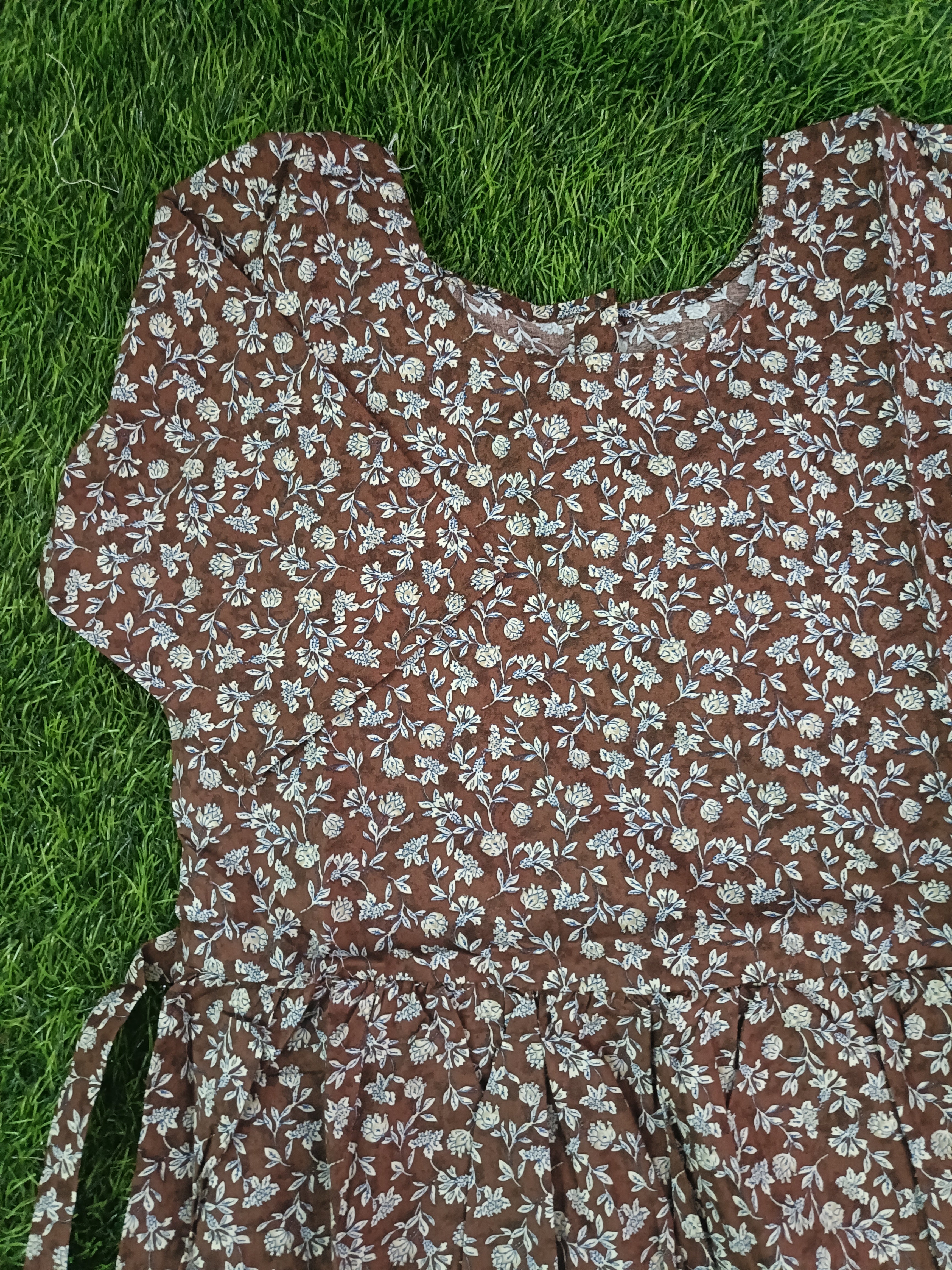 Premium Earthy Brown Ditsy Floral Kids Frock by Teen Colours