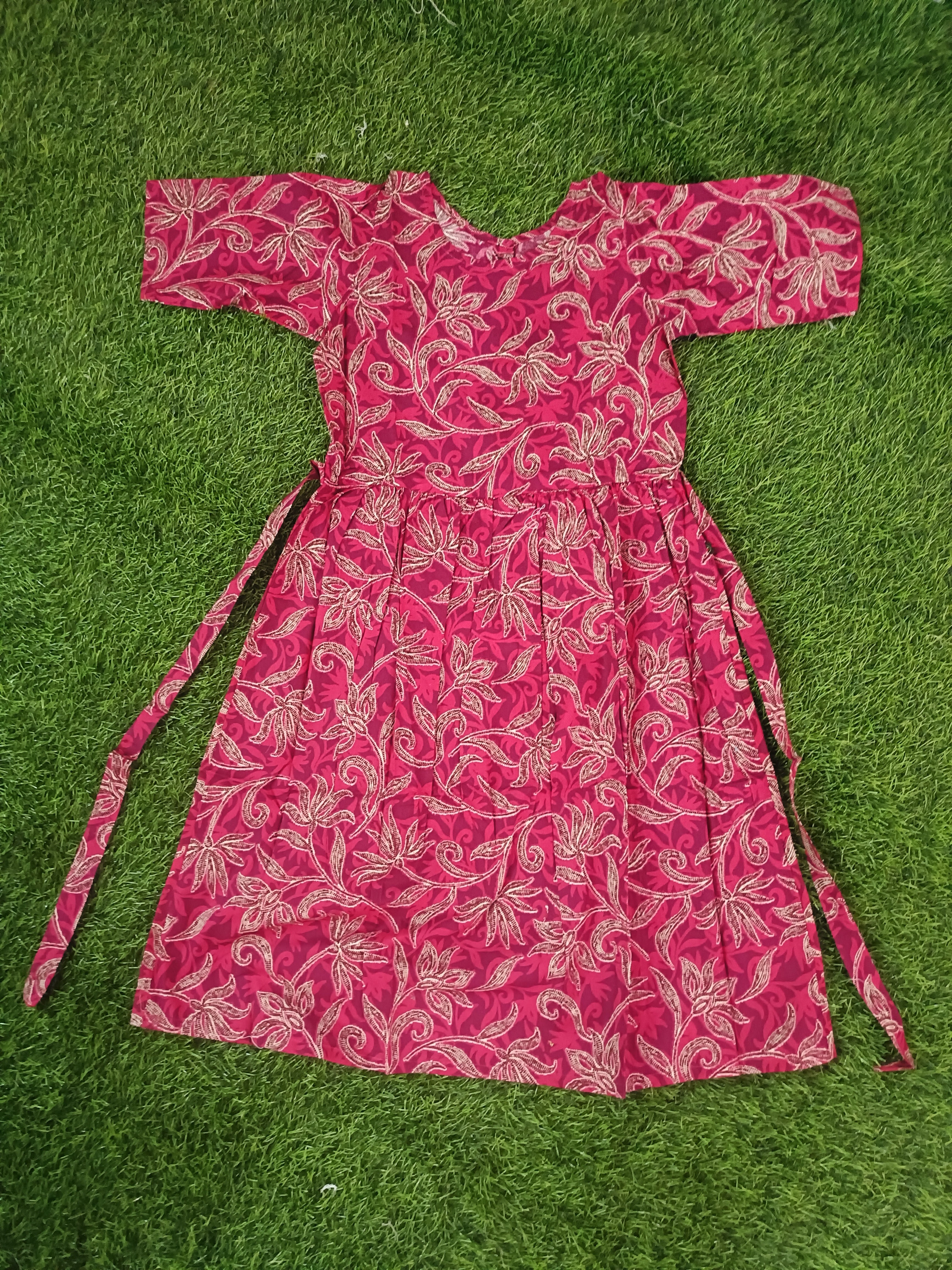 Girls' Pink Trailing Floral Gathered Frock with Back Tie