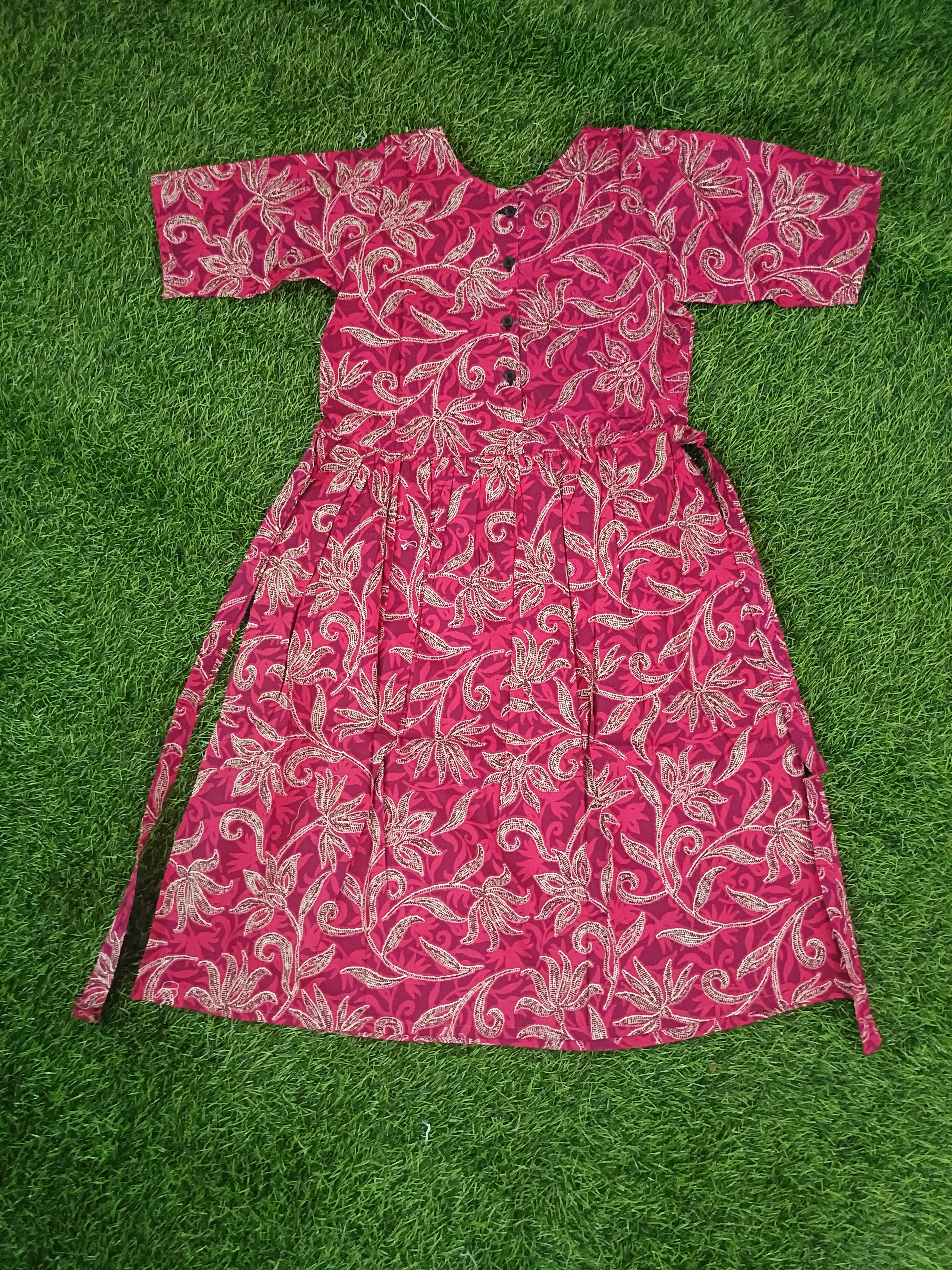 Girls' Pink Trailing Floral Gathered Frock with Back Tie