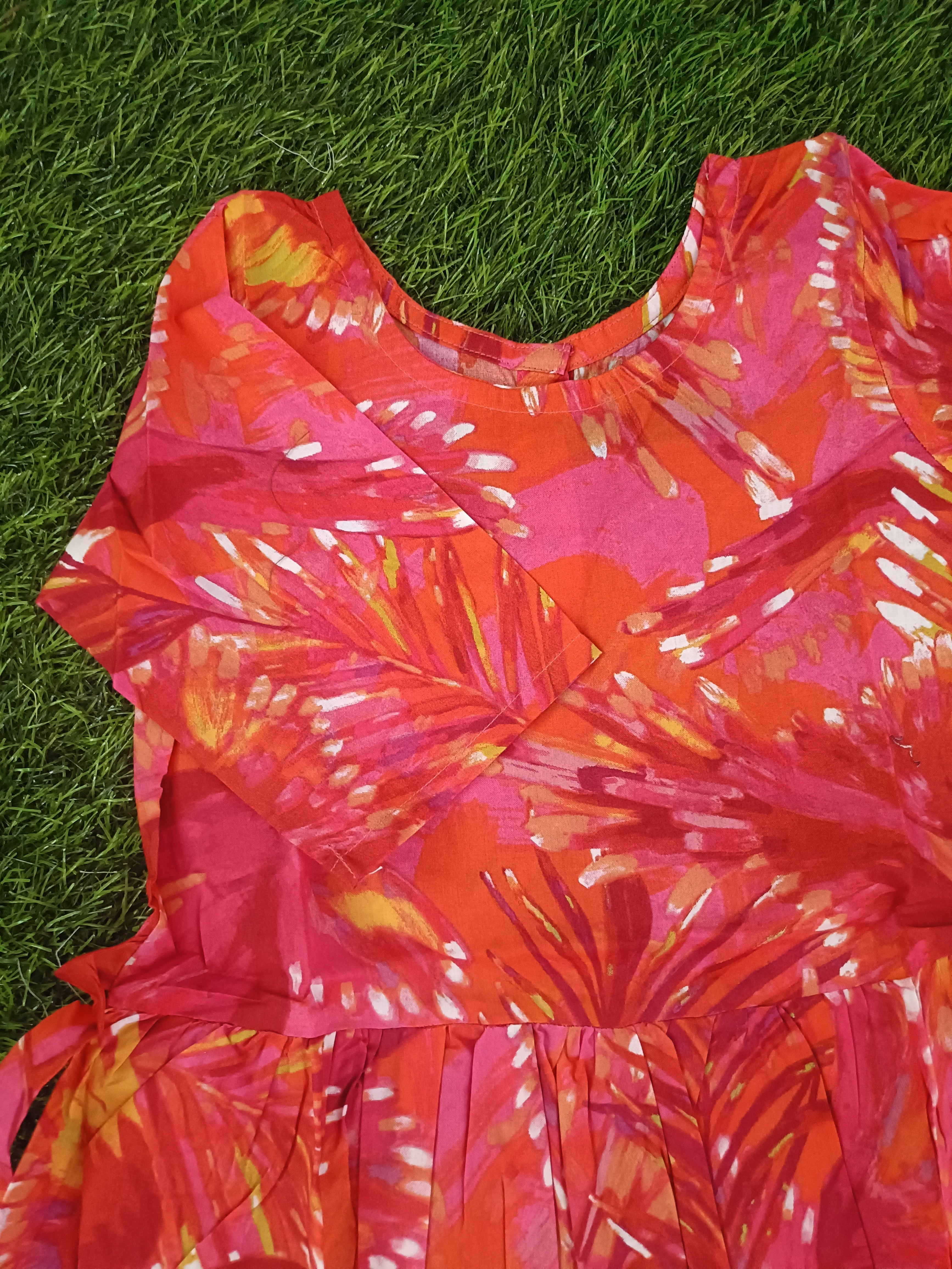 Girls' Vibrant Pink & Orange Gathered Tropical Dress
