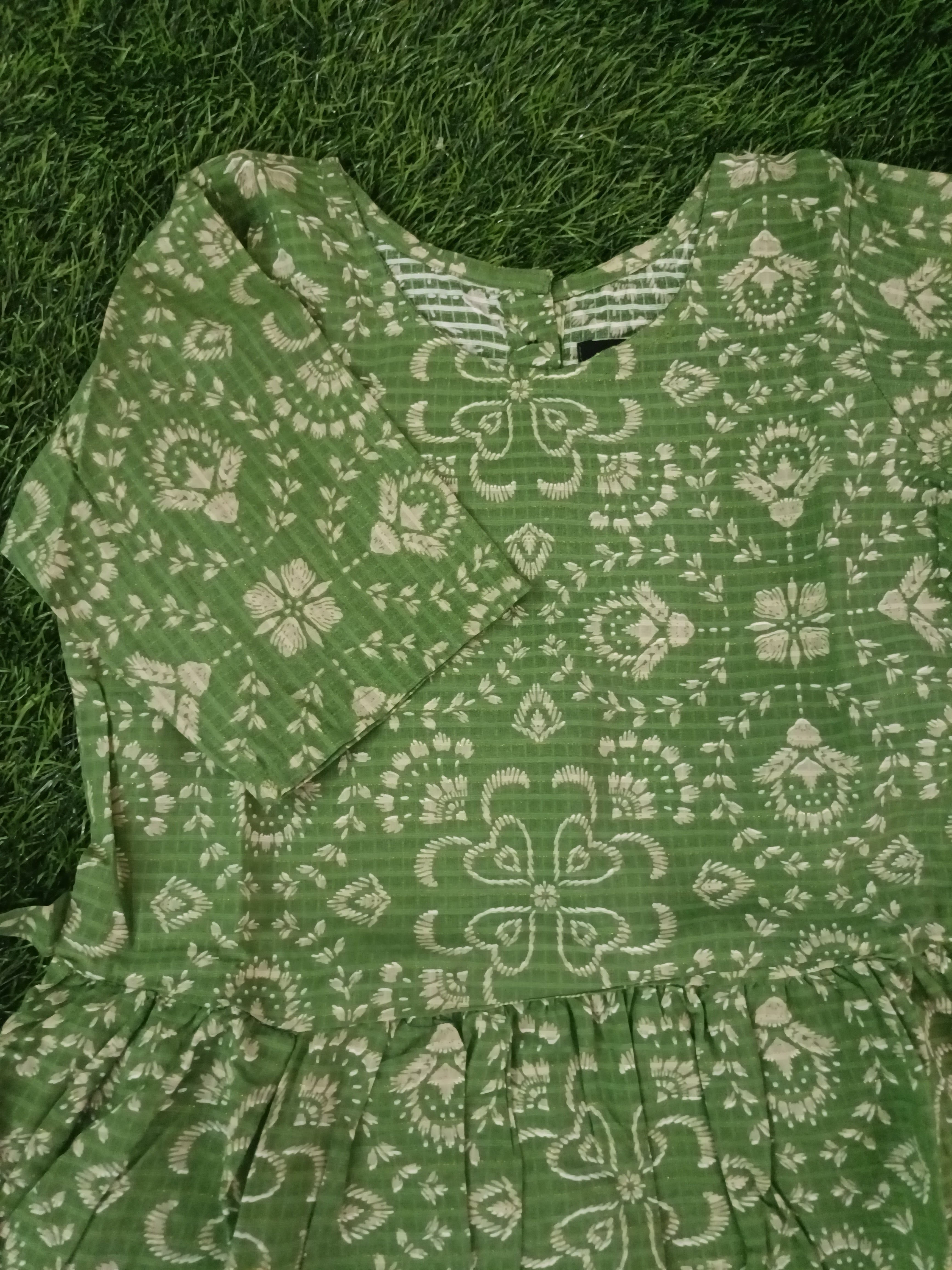 Teen Colours Green Geometric Print Cotton Dress for Girls