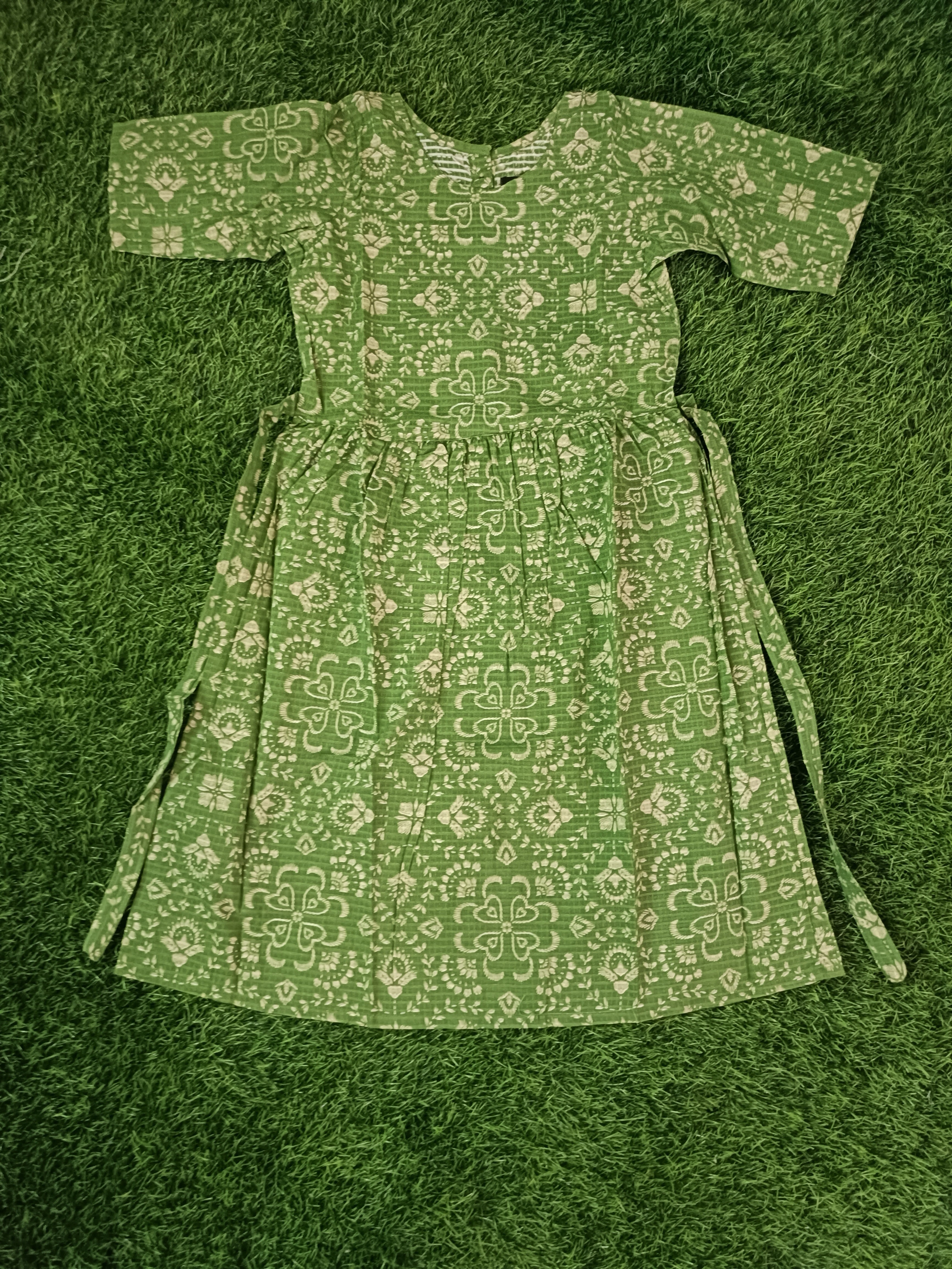 Teen Colours Green Geometric Print Cotton Dress for Girls