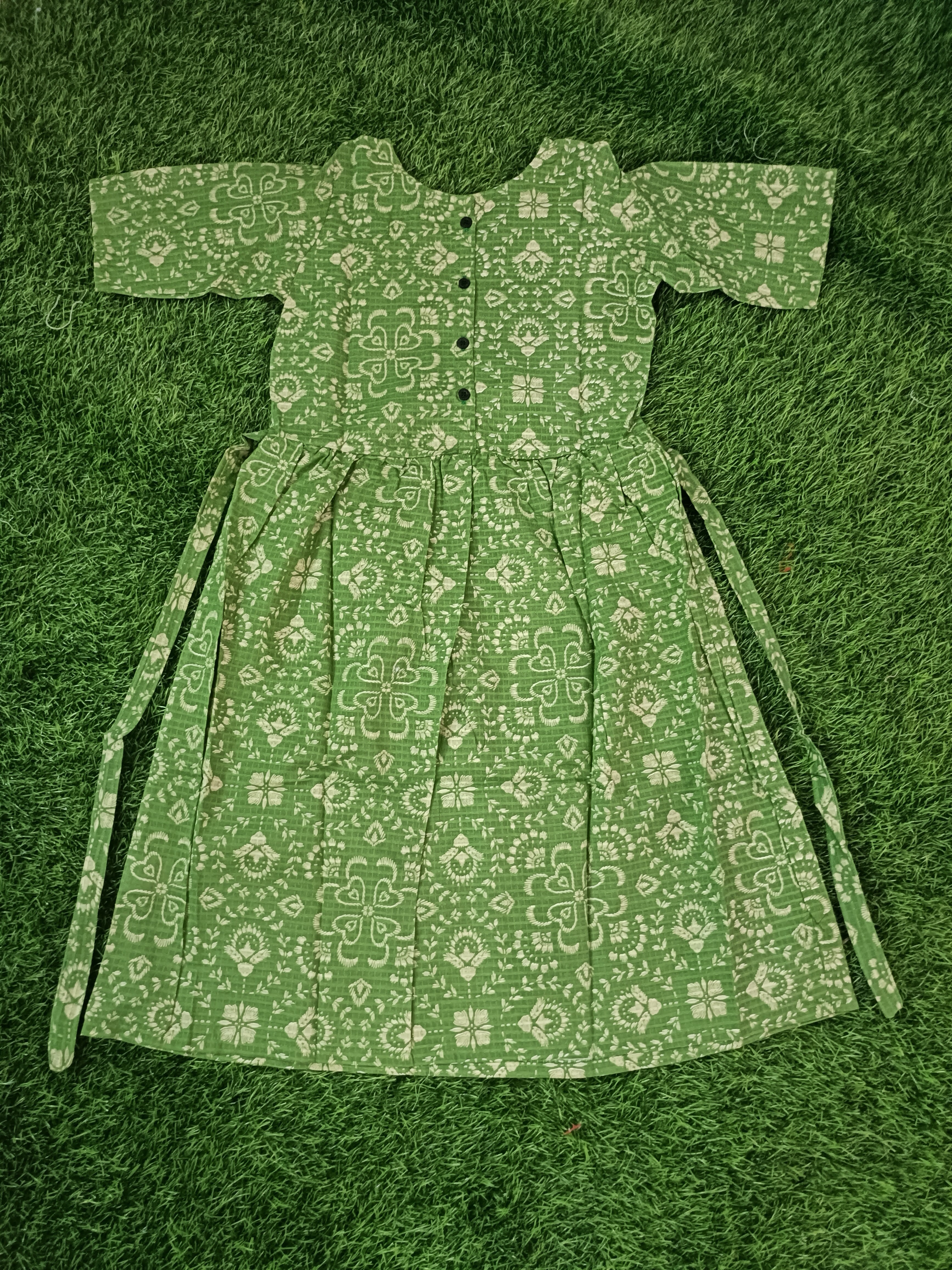 Teen Colours Green Geometric Print Cotton Dress for Girls