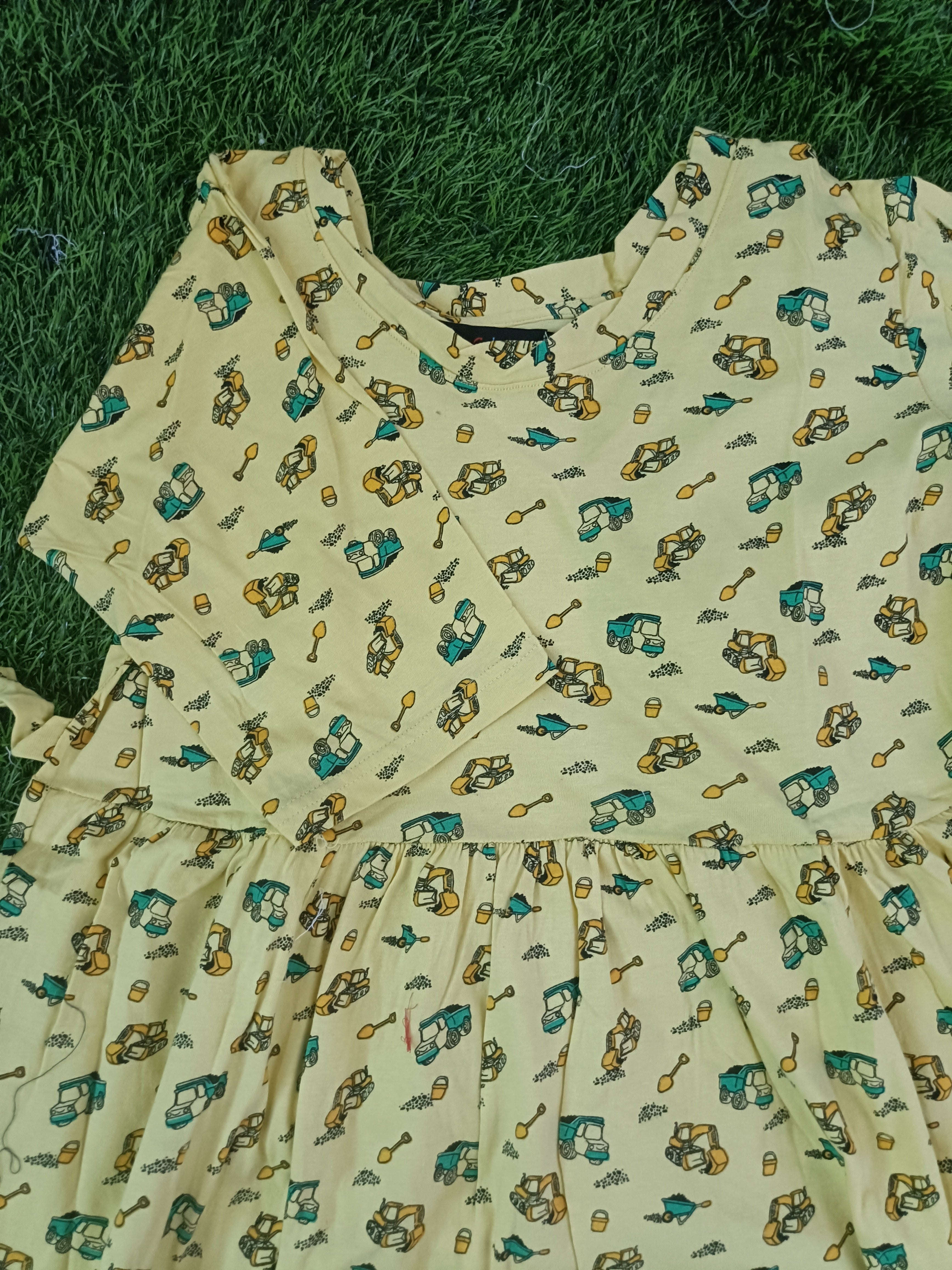 Little Builder Construction Print Girls Daily Wear Frock - Premium Yellow Hosiery