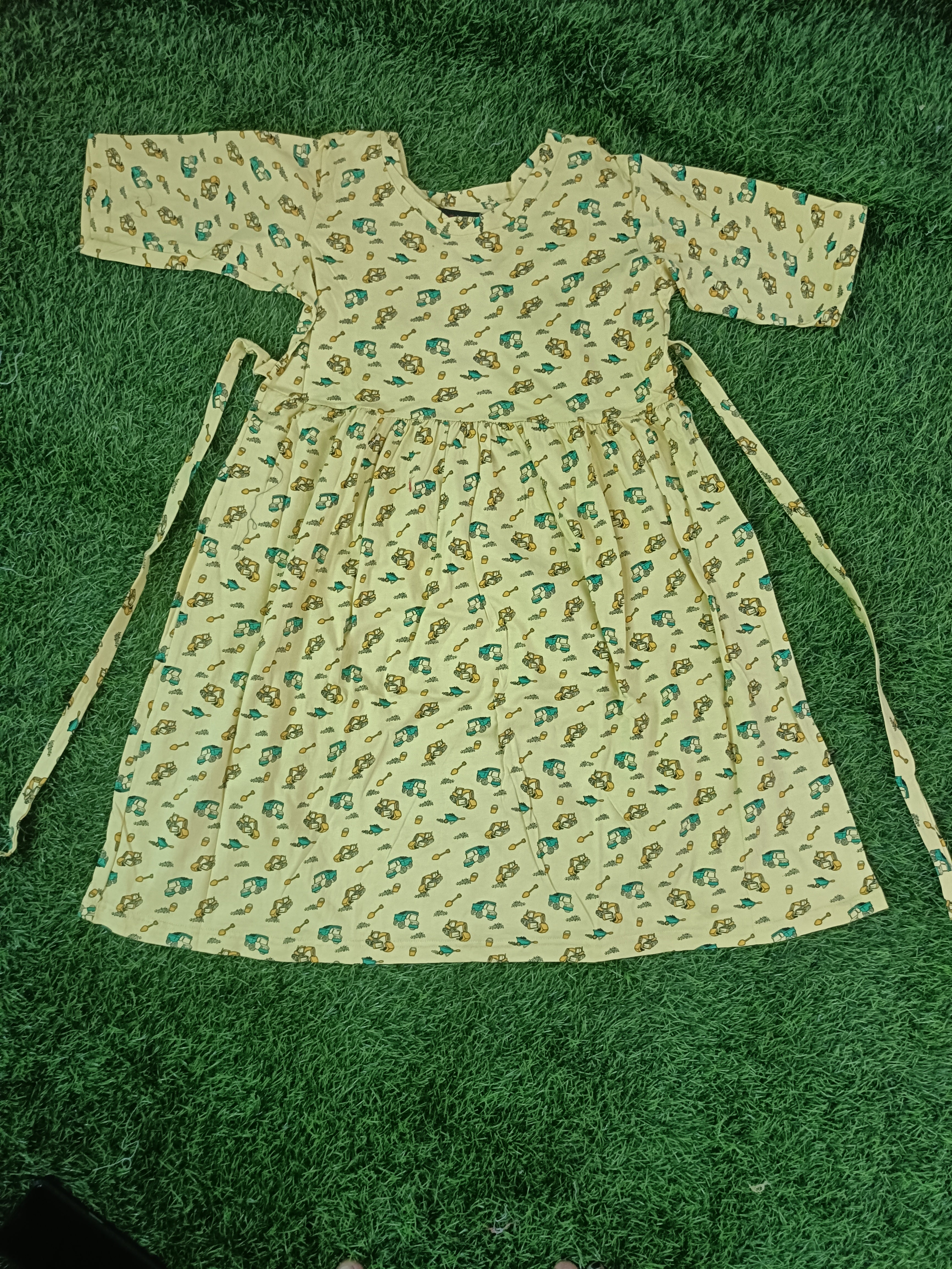 Playful Yellow "Little Builder" Construction Print Cotton Frock (2-16 Years)