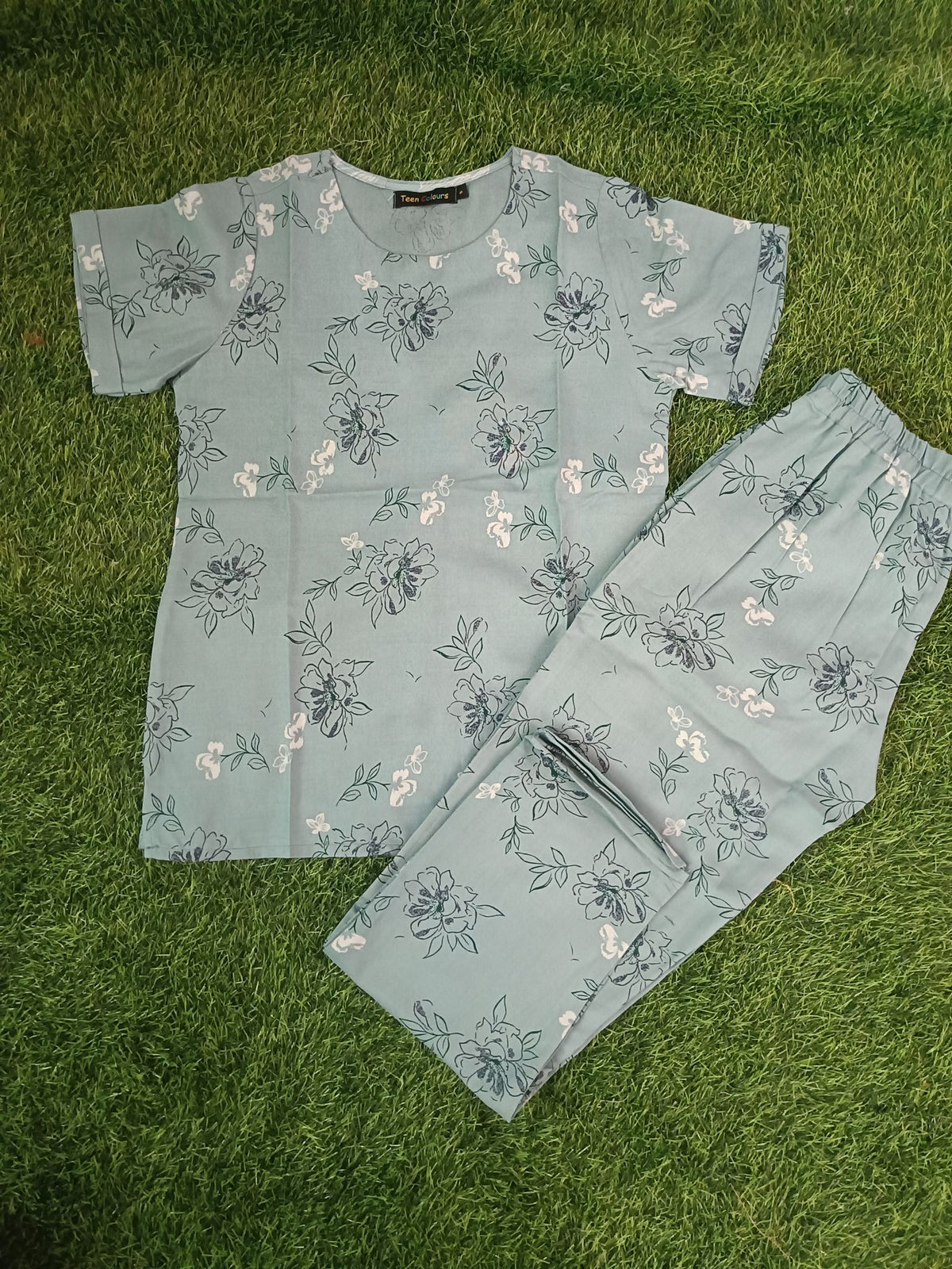 Women's Premium Alfain Fabric Steel Blue Floral Print Round Neck Night Suit with Side Slit Top & Elastic Waist Straight Pant