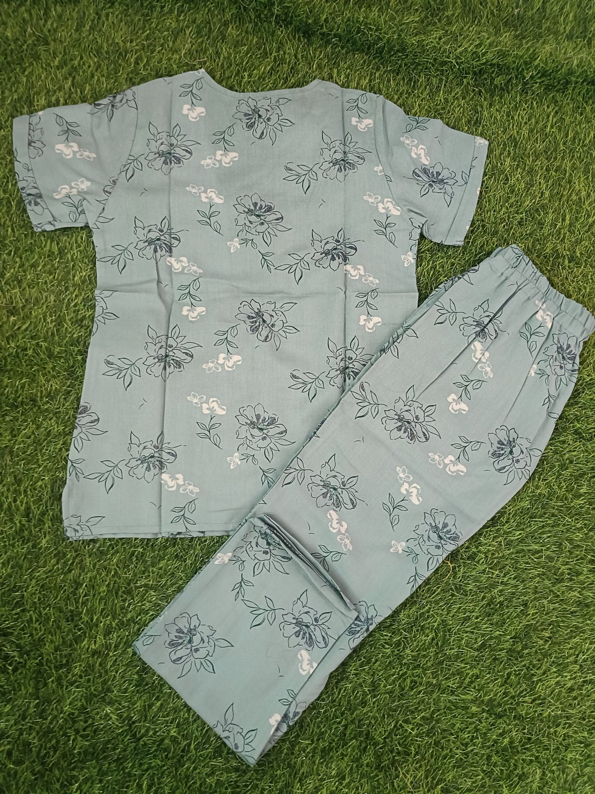 Women's Premium Alfain Fabric Steel Blue Floral Print Round Neck Night Suit with Side Slit Top & Elastic Waist Straight Pant