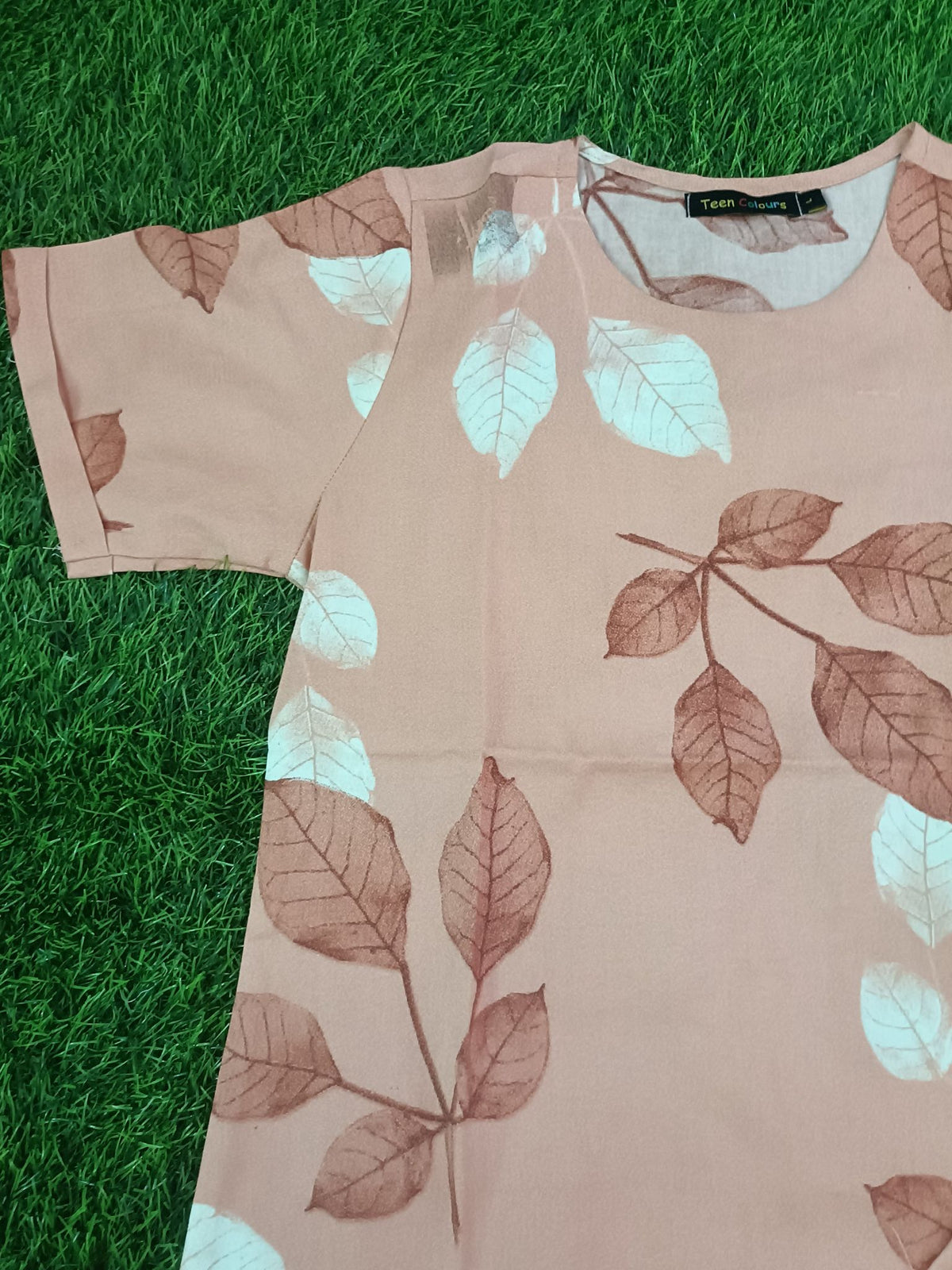 Women's Premium Alfain Fabric Dusty Peach Leaf Print Round Neck Night Suit with Side Slit Top & Elastic Waist Straight Pant