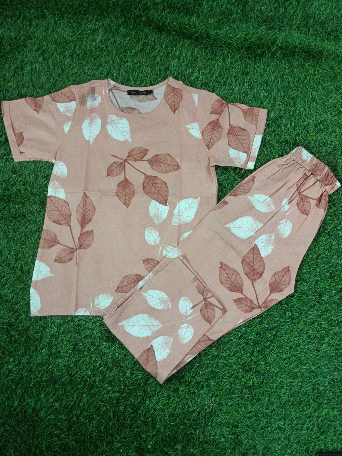 Women's Premium Alfain Fabric Dusty Peach Leaf Print Round Neck Night Suit with Side Slit Top & Elastic Waist Straight Pant