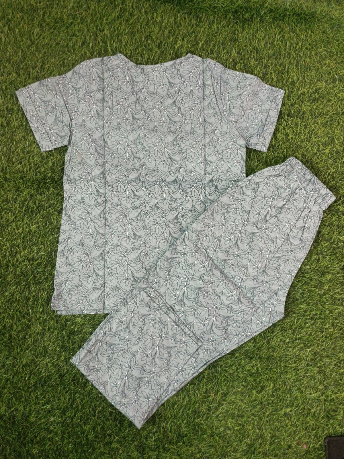 Women's Sage Green Premium Cotton Floral Print Elastic Waist Night Suit with Side Slit Top & Straight Pant