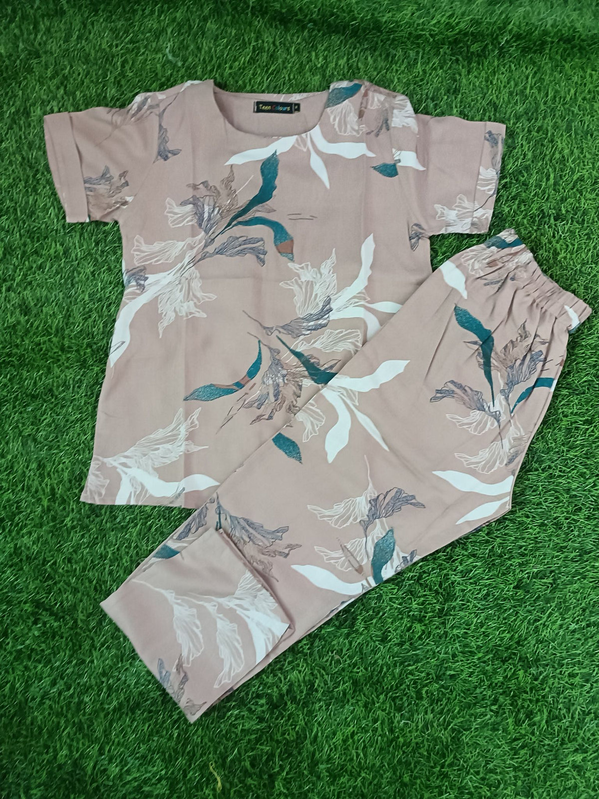 Women's Premium Alfain Fabric Taupe Brown Floral Abstract Print Round Neck Night Suit with Side Slit Top & Elastic Waist Straight Pant