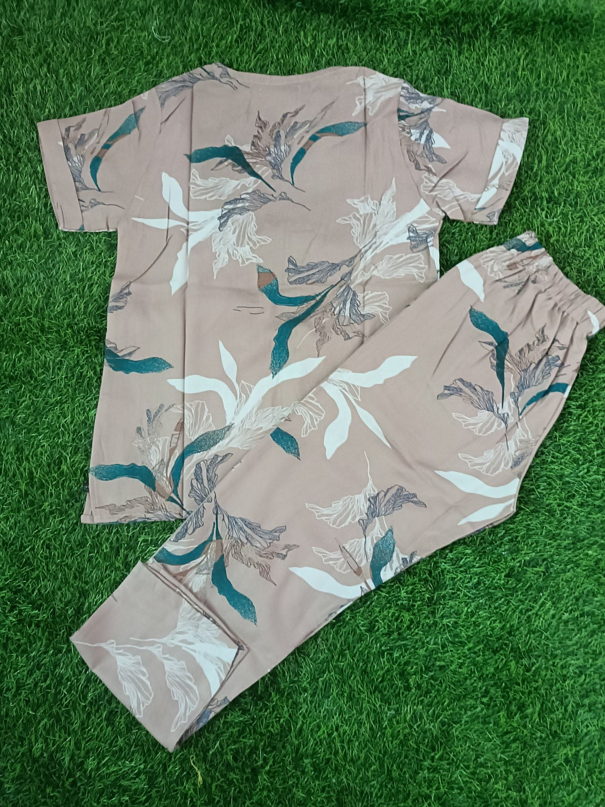Women's Premium Alfain Fabric Taupe Brown Floral Abstract Print Round Neck Night Suit with Side Slit Top & Elastic Waist Straight Pant