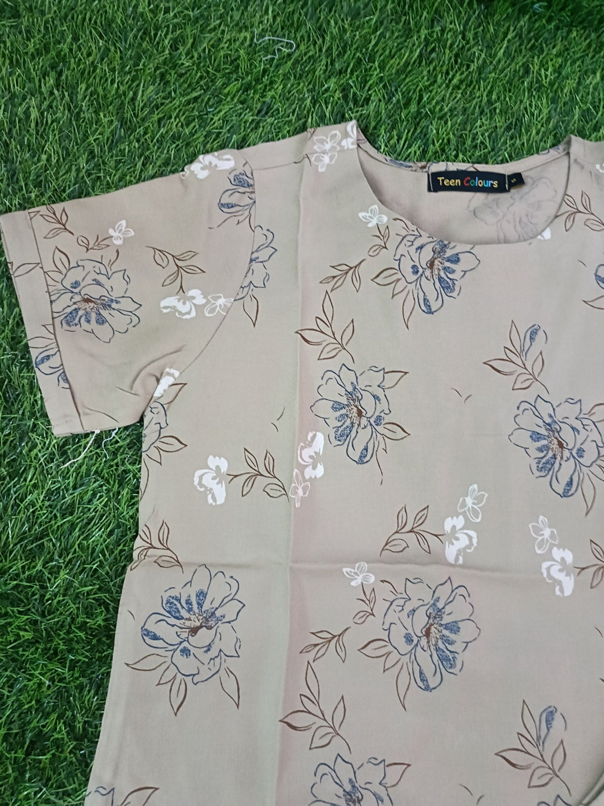 Women's Premium Alfain Fabric Light Khaki Floral Print Round Neck Night Suit with Side Slit Top & Elastic Waist Straight Pant