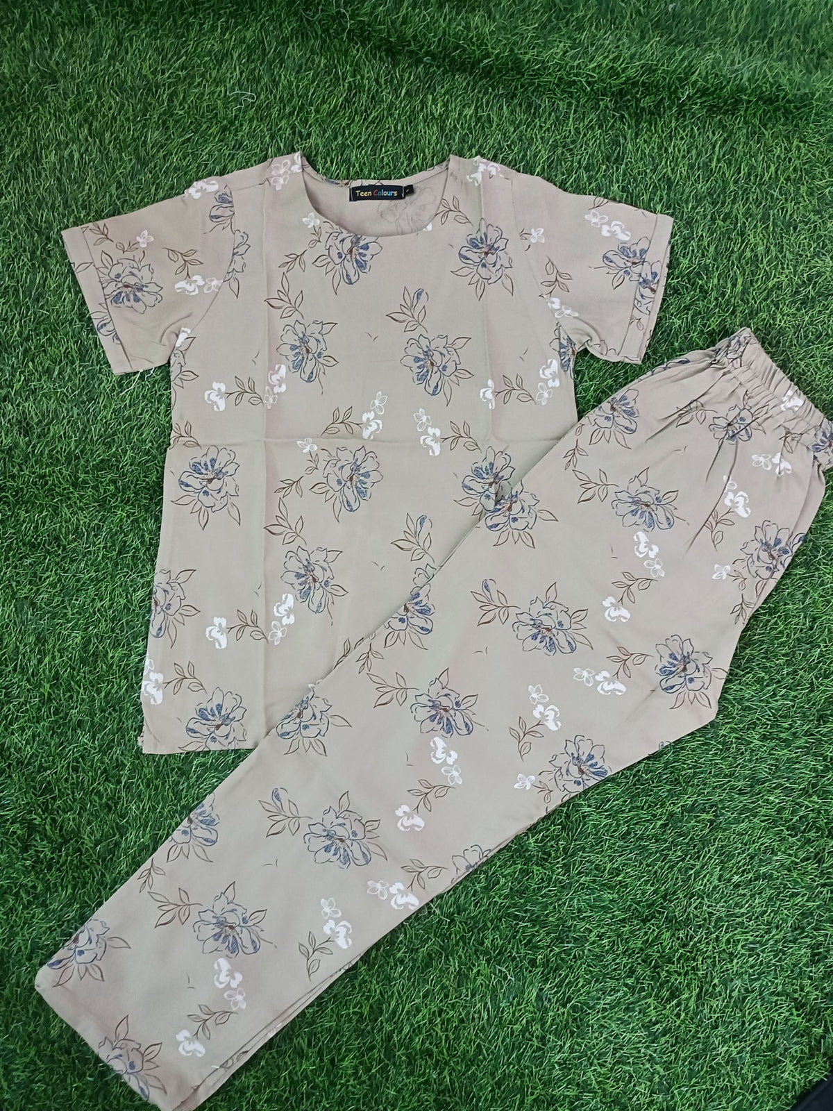 Women's Premium Alfain Fabric Light Khaki Floral Print Round Neck Night Suit with Side Slit Top & Elastic Waist Straight Pant