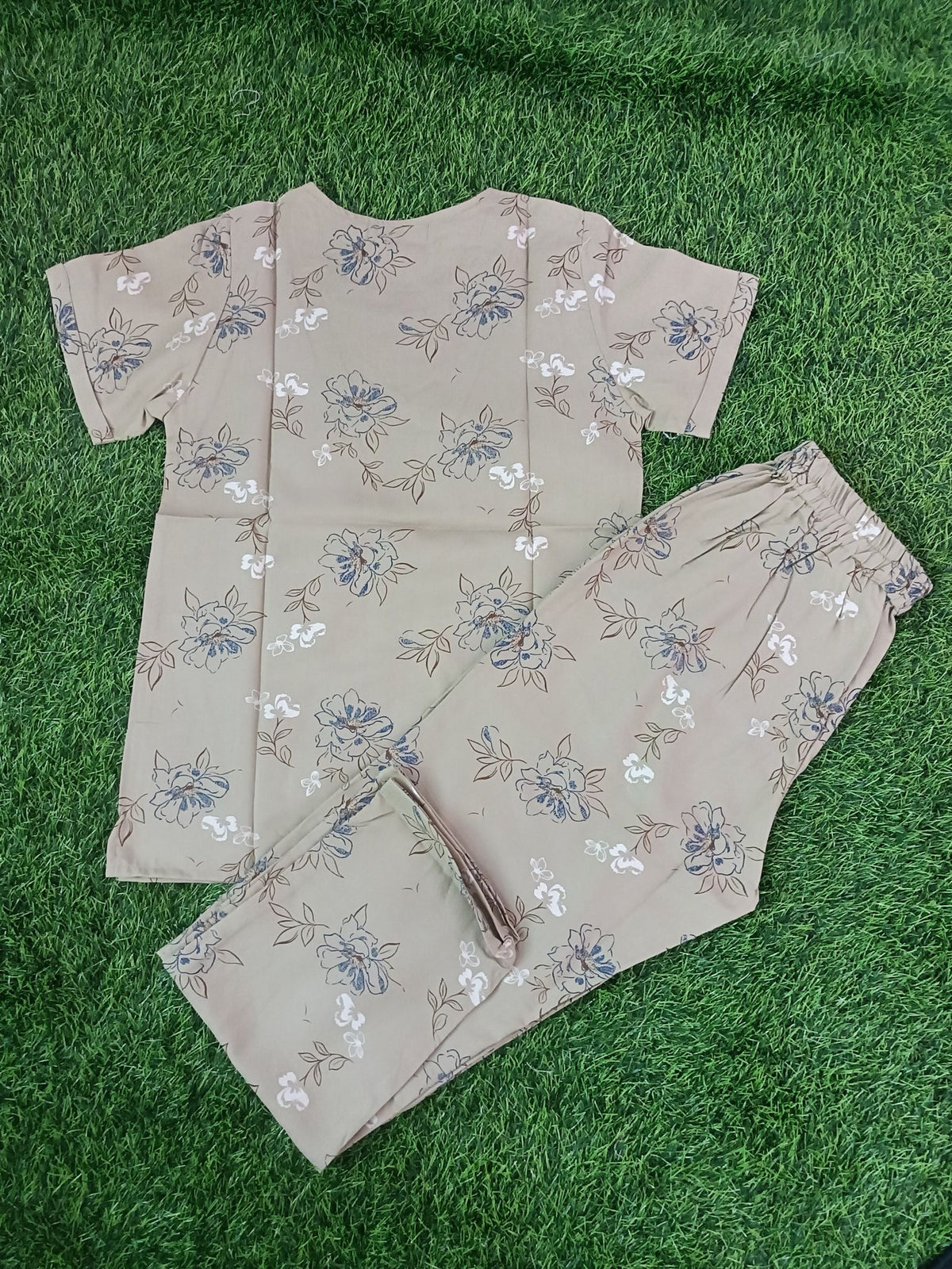Women's Premium Alfain Fabric Light Khaki Floral Print Round Neck Night Suit with Side Slit Top & Elastic Waist Straight Pant