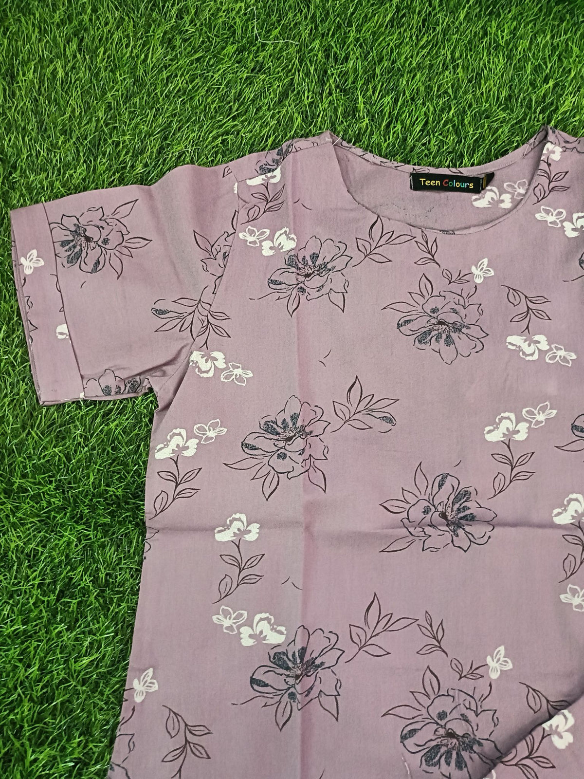 Women's Premium Alfain Fabric Mauve Floral Print Round Neck Night Suit with Side Slit Top & Elastic Waist Straight Pant