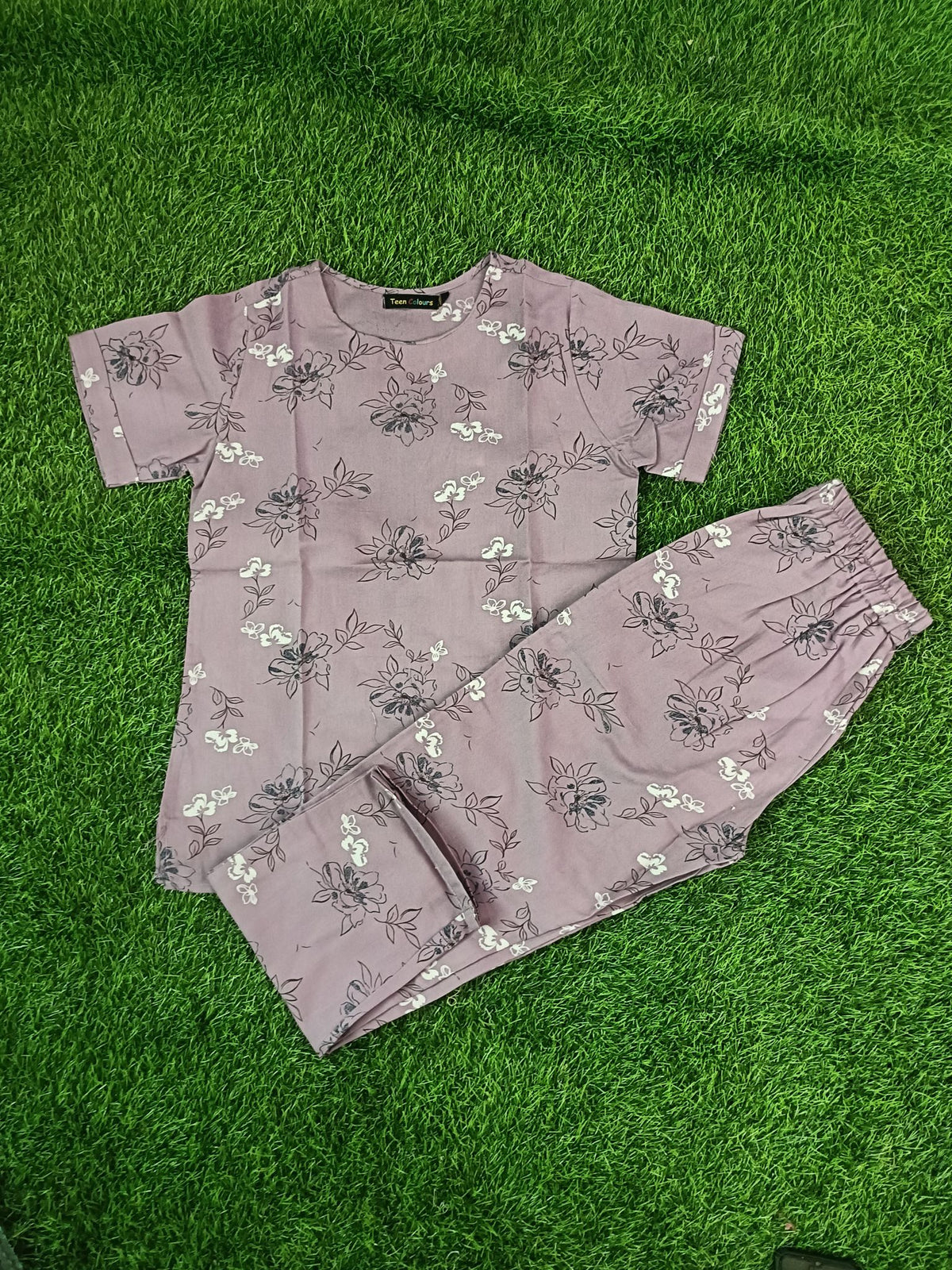Women's Premium Alfain Fabric Mauve Floral Print Round Neck Night Suit with Side Slit Top & Elastic Waist Straight Pant