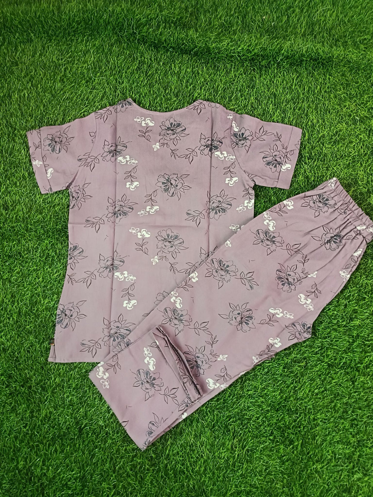 Women's Premium Alfain Fabric Mauve Floral Print Round Neck Night Suit with Side Slit Top & Elastic Waist Straight Pant