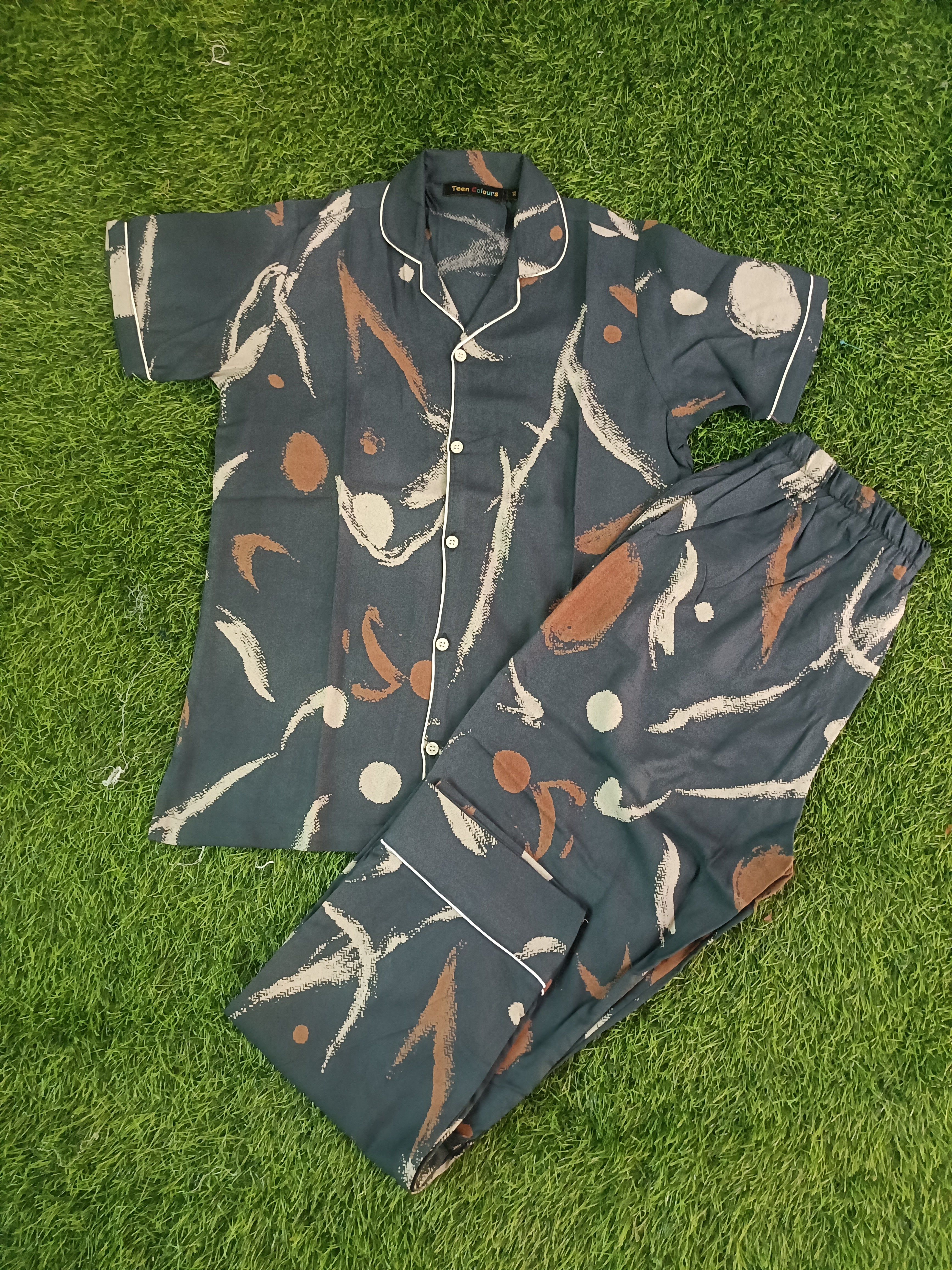 Premium Alfain Slate Grey Abstract Co-ord Set,With Button-down front, notch collar, contrast black piping, elasticated waist.