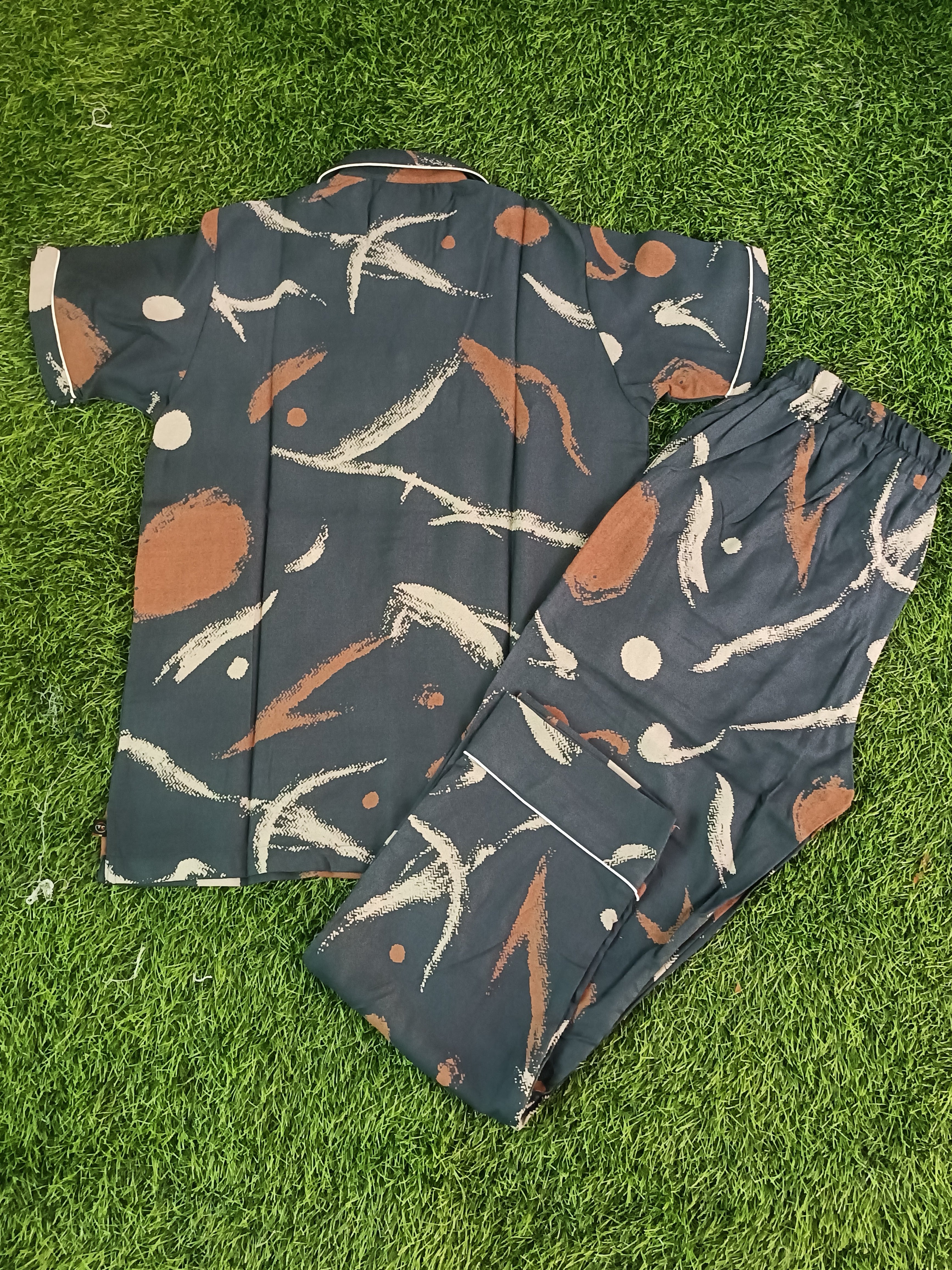 Premium Alfain Slate Grey Abstract Co-ord Set,With Button-down front, notch collar, contrast black piping, elasticated waist.
