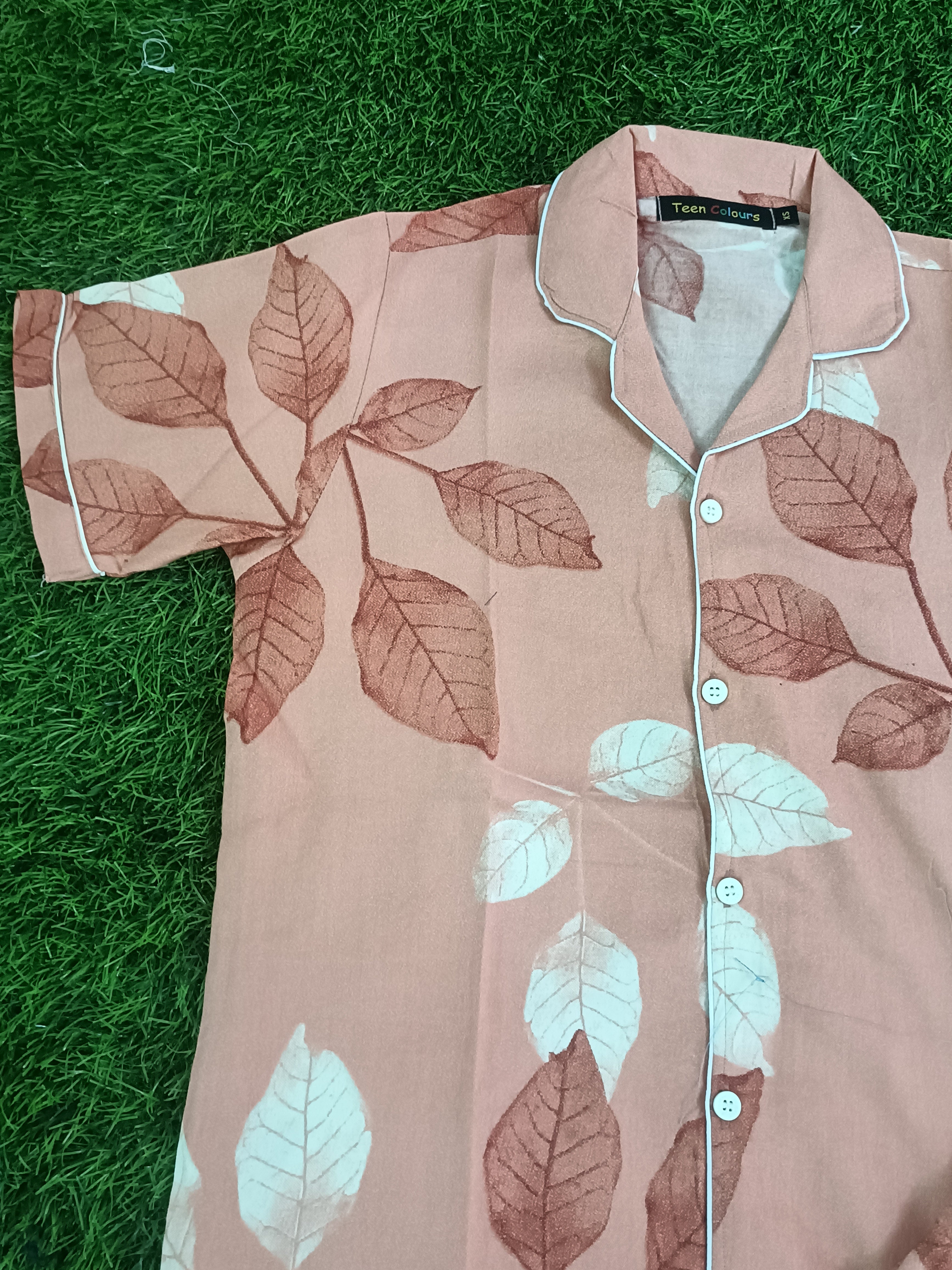 Premium Alfain Peach Botanical Co-ord Set, With Button-down front, notch collar, contrast black piping, elasticated waist.