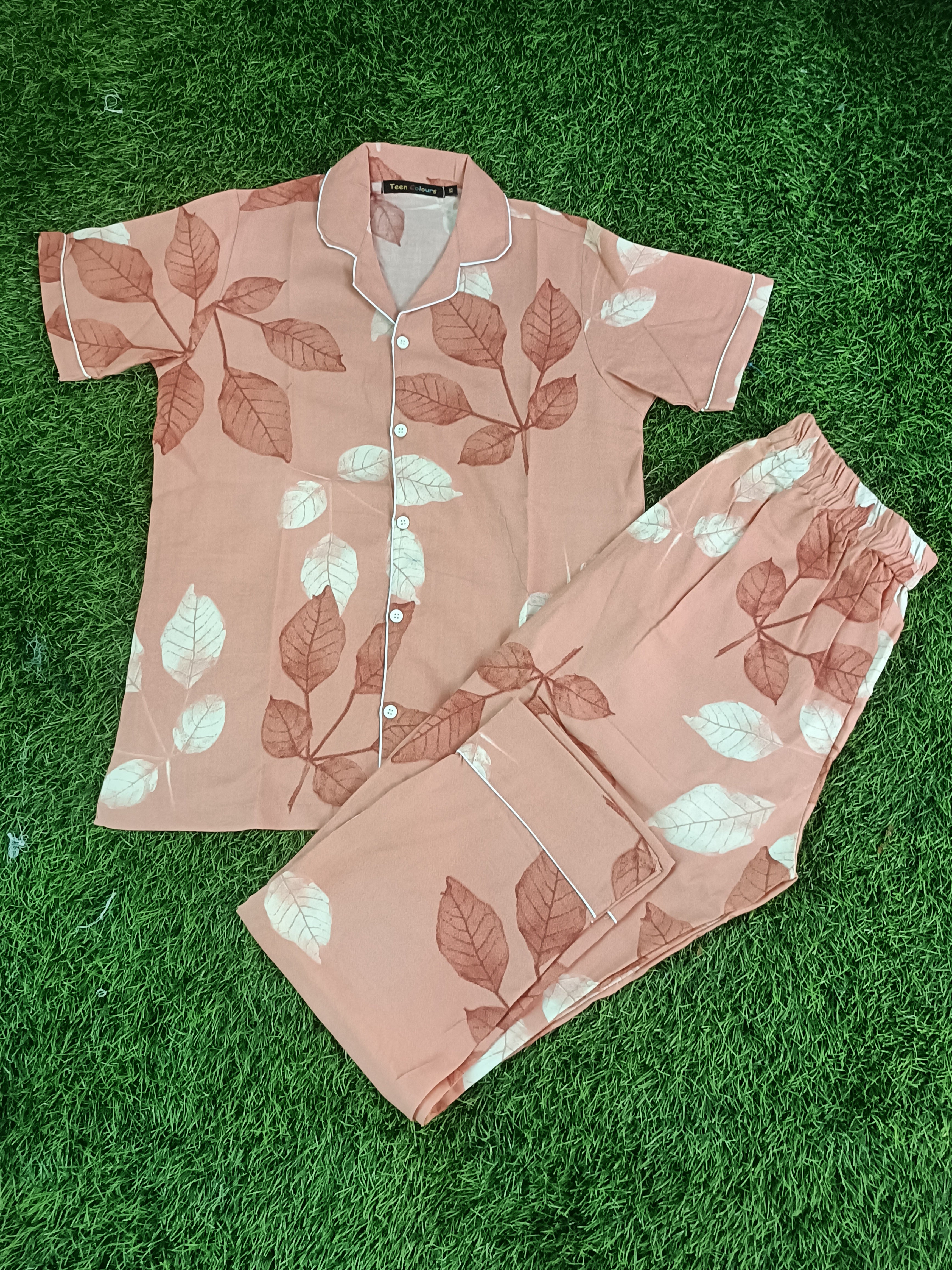 Premium Alfain Peach Botanical Co-ord Set, With Button-down front, notch collar, contrast black piping, elasticated waist.