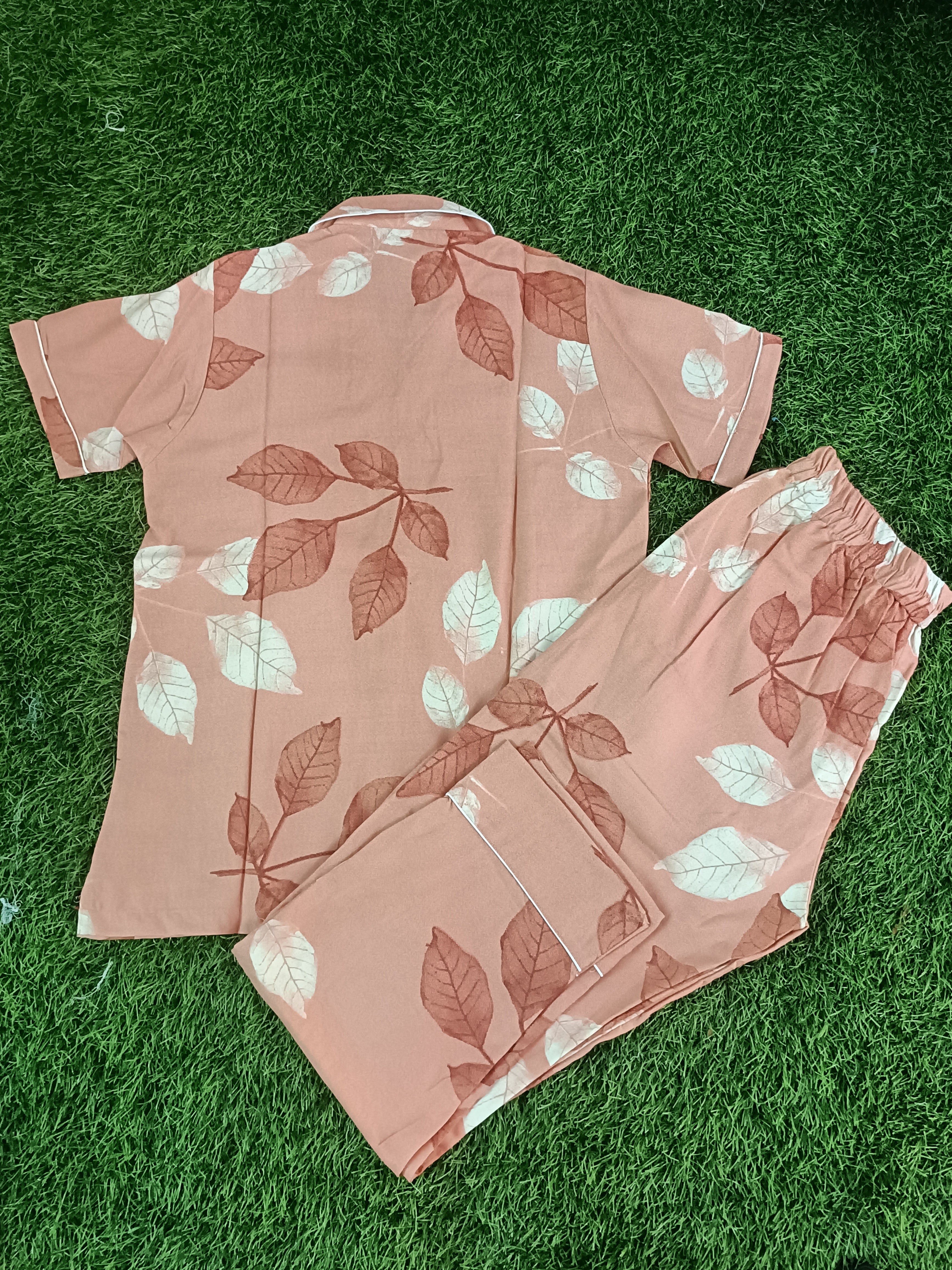 Premium Alfain Peach Botanical Co-ord Set, With Button-down front, notch collar, contrast black piping, elasticated waist.