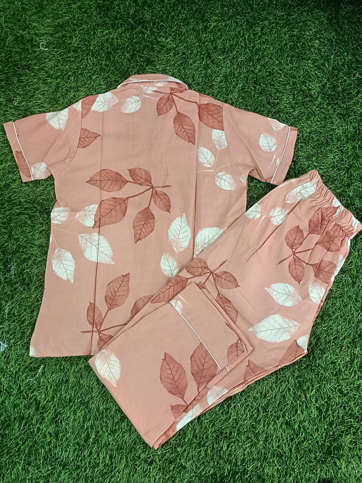 Premium Alfain Peach Botanical Co-ord Set, With Button-down front, notch collar, contrast black piping, elasticated waist.