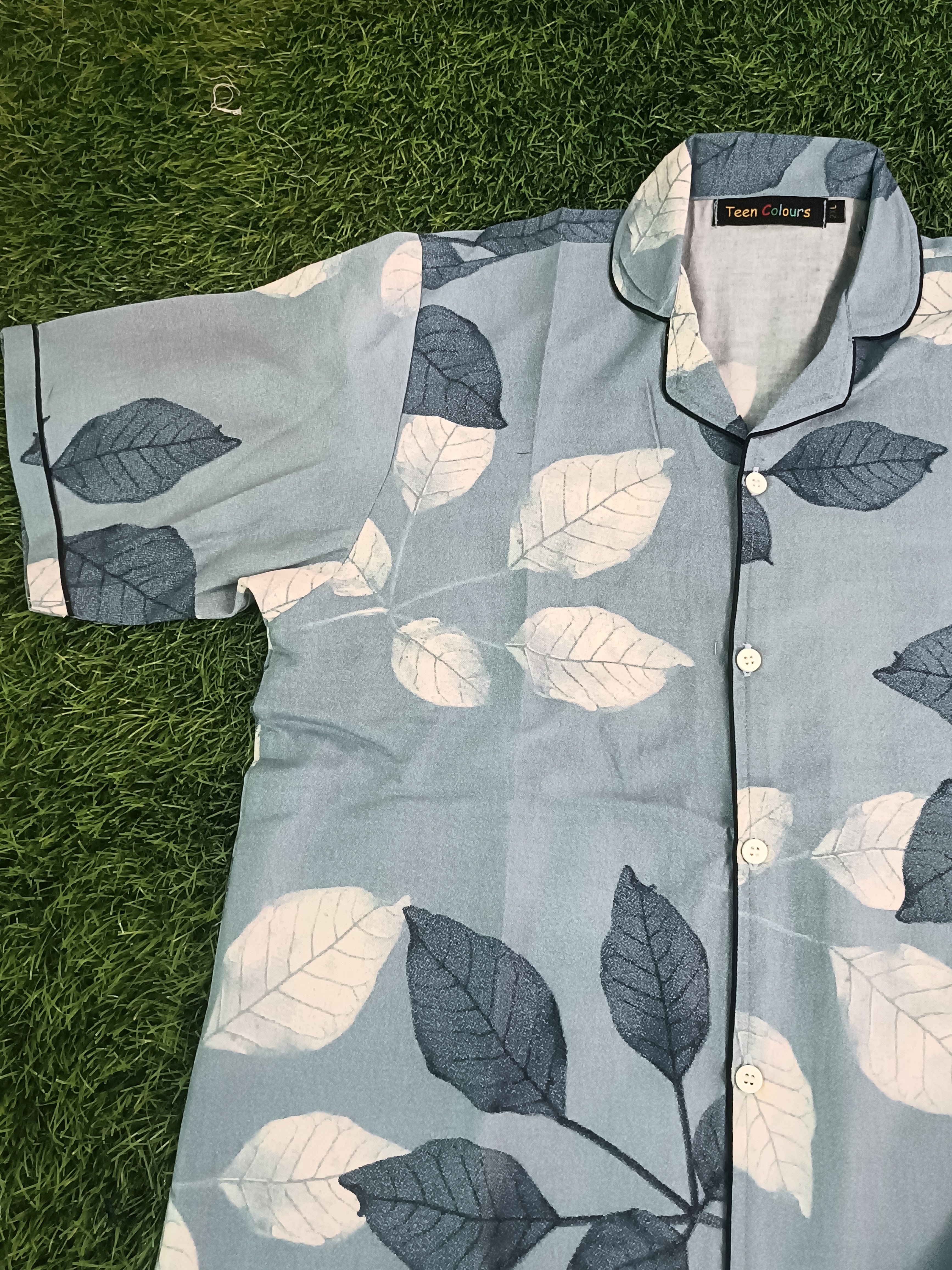 Premium Alfain Powder Blue Botanical Co-ord Set,With Button-down front, notch collar, contrast black piping, elasticated waist.