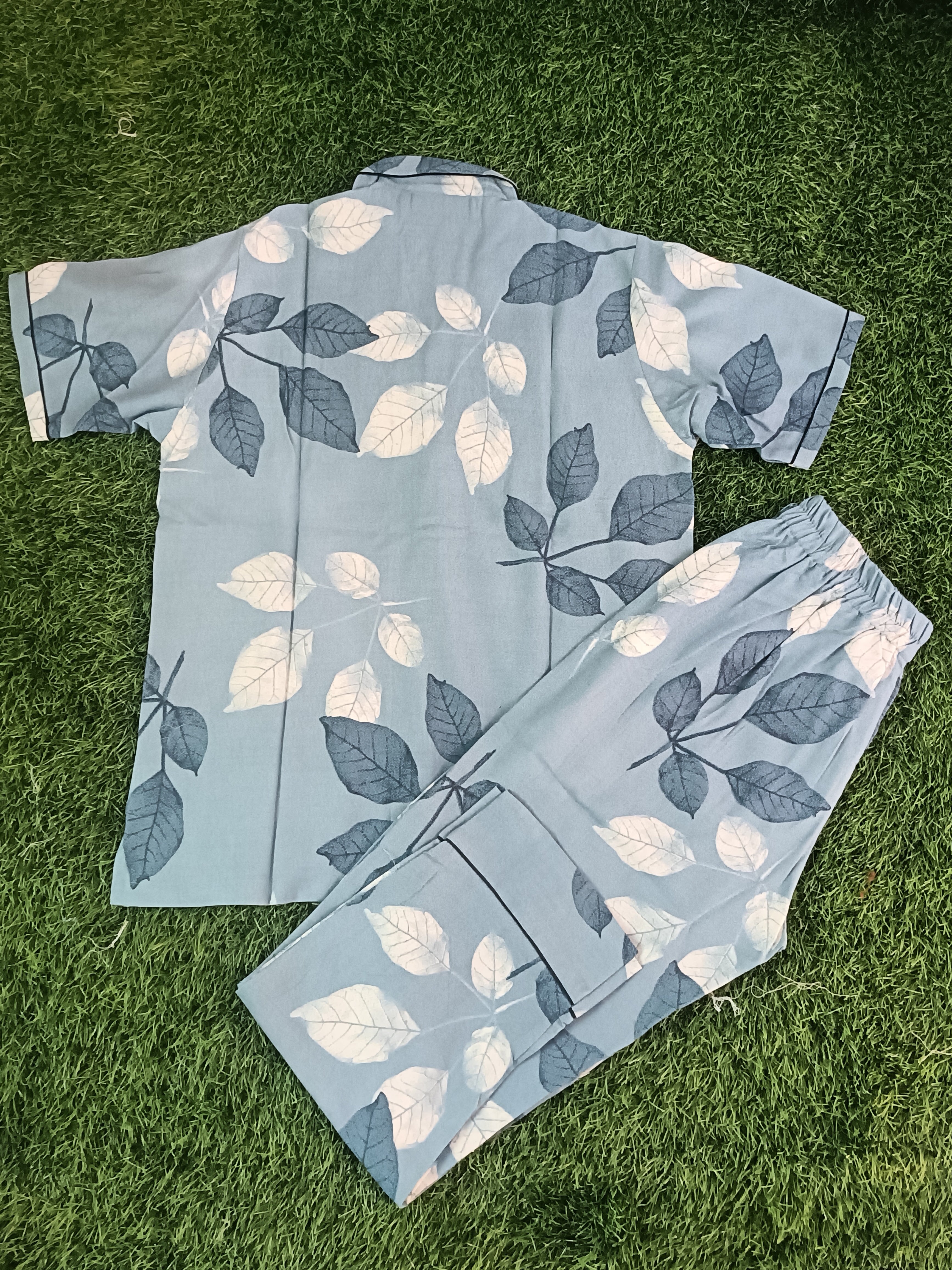 Premium Alfain Powder Blue Botanical Co-ord Set,With Button-down front, notch collar, contrast black piping, elasticated waist.