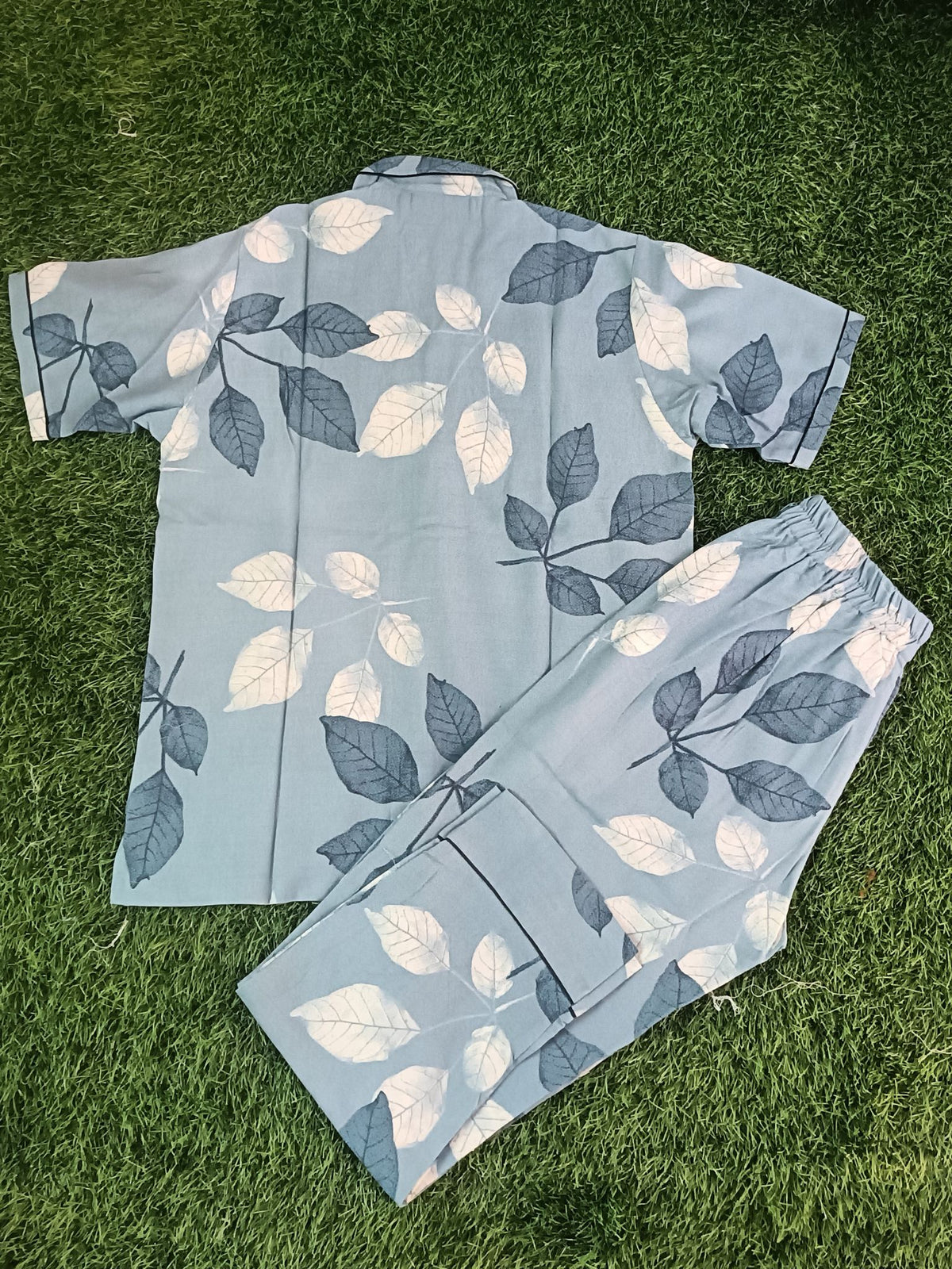 Premium Alfain Powder Blue Botanical Co-ord Set,With Button-down front, notch collar, contrast black piping, elasticated waist.