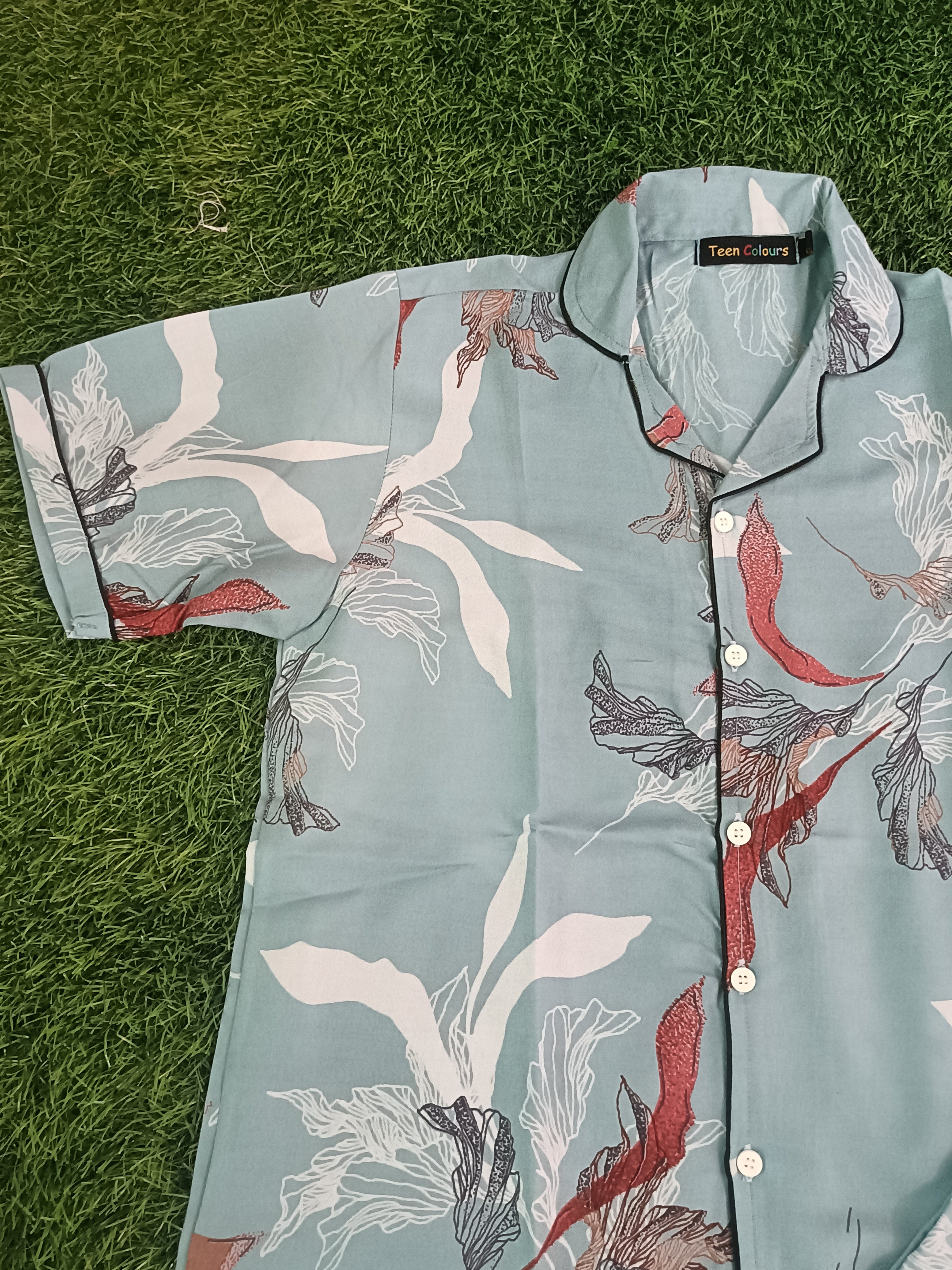 Premium Alfain Aqua Botanical Co-ord Set, 
With Button-down front, notch collar, contrast black piping, elasticated waist.