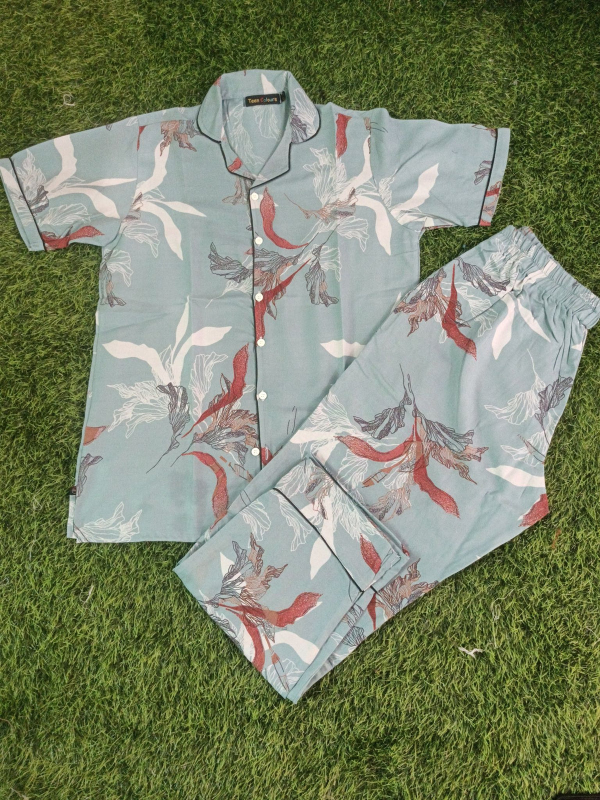 Premium Alfain Aqua Botanical Co-ord Set, 
With Button-down front, notch collar, contrast black piping, elasticated waist.