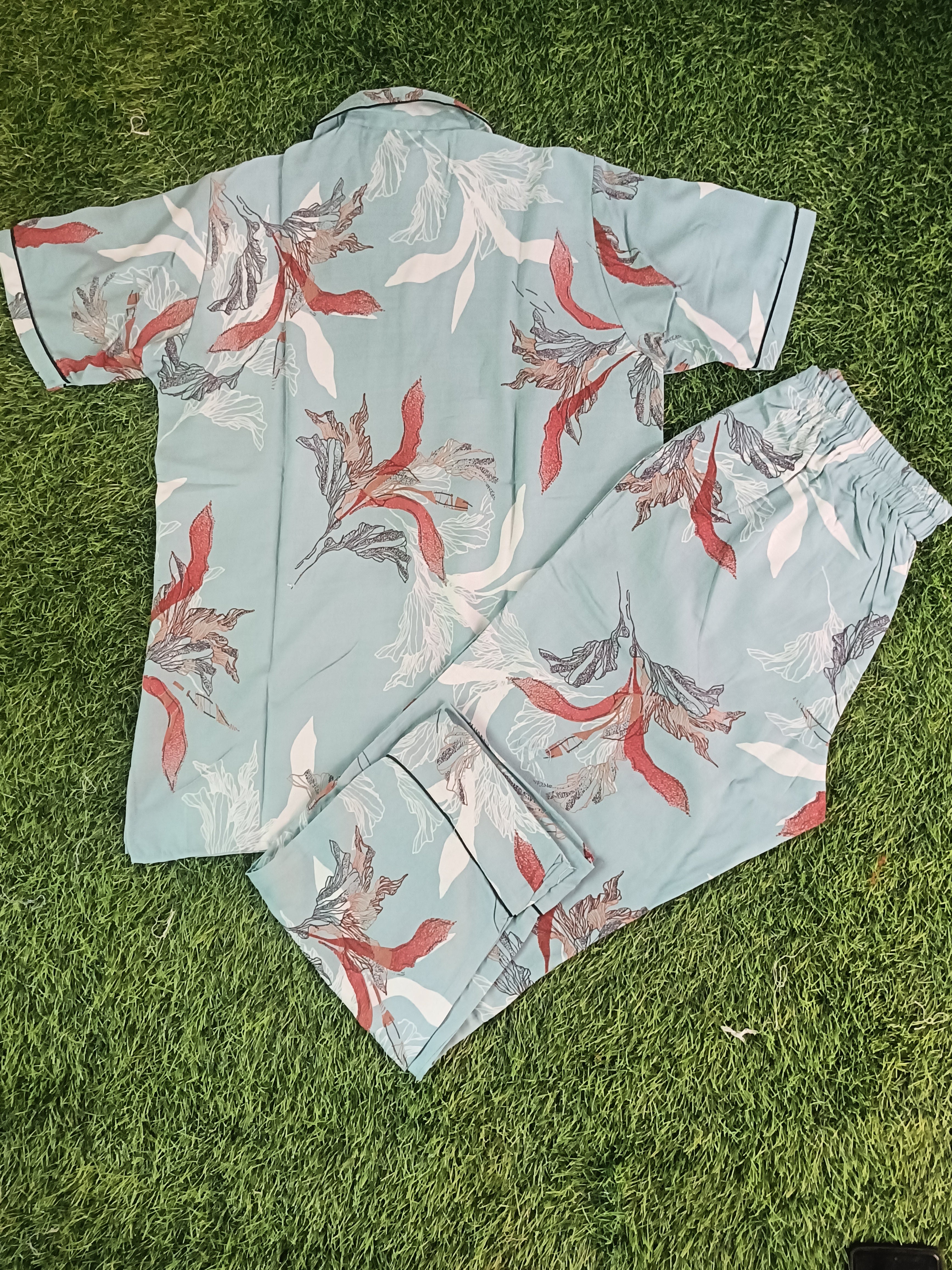 Premium Alfain Aqua Botanical Co-ord Set, 
With Button-down front, notch collar, contrast black piping, elasticated waist.