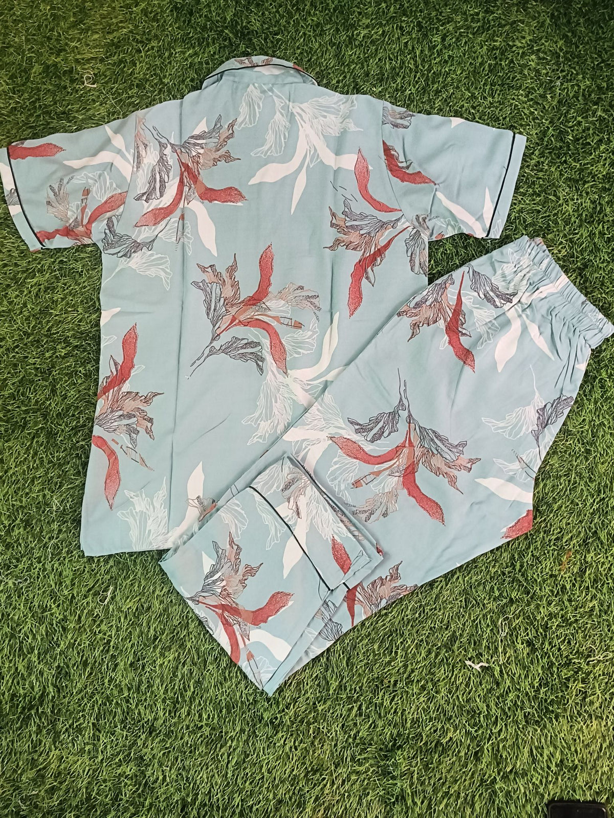 Premium Alfain Aqua Botanical Co-ord Set, 
With Button-down front, notch collar, contrast black piping, elasticated waist.