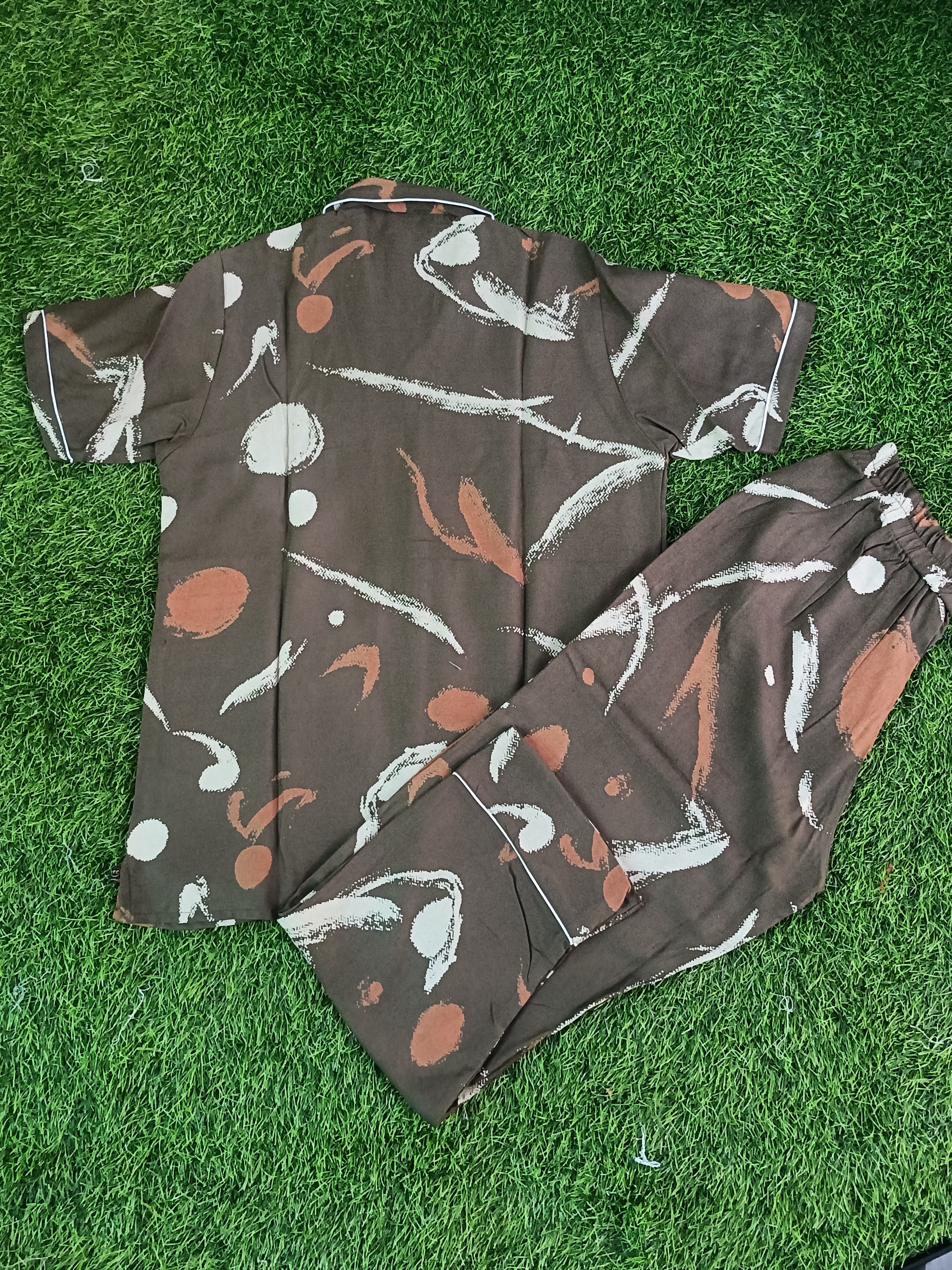 Premium Alfain Chocolate Brown Abstract Co-ord Set,With Button-down front, notch collar, contrast black piping, elasticated waist.