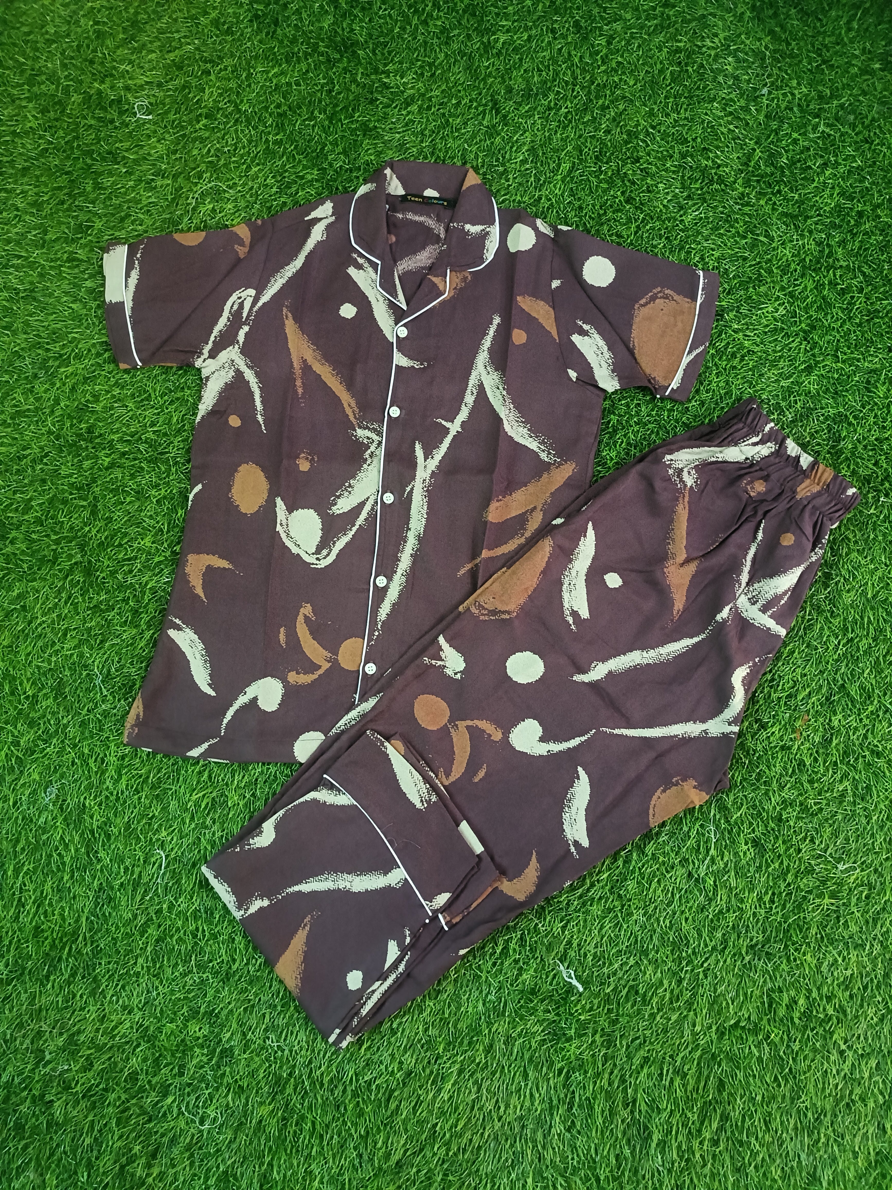 Premium Alfain Burgundy or Wine colour Abstract Co-ord Set  With Button-down front, notch collar, contrast black piping, elasticated waist