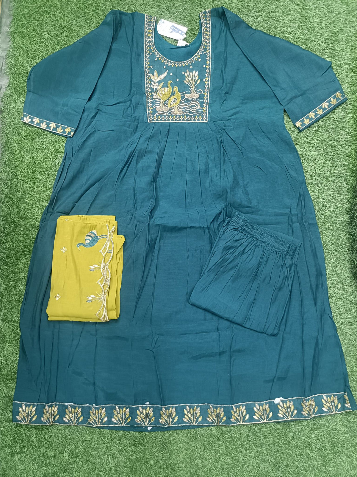 Elegant Teal Blue Embroidered 3-Piece Kurti Set with Detailed Yoke