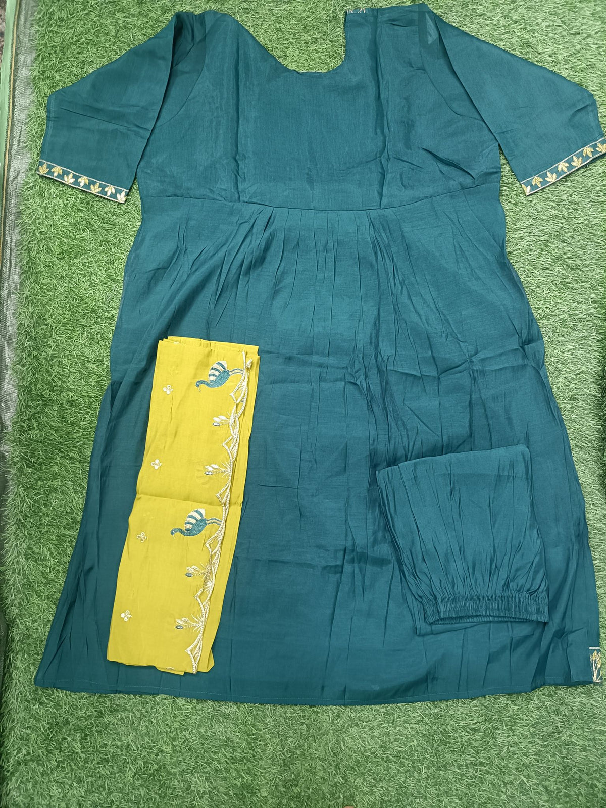 Elegant Teal Blue Embroidered 3-Piece Kurti Set with Detailed Yoke