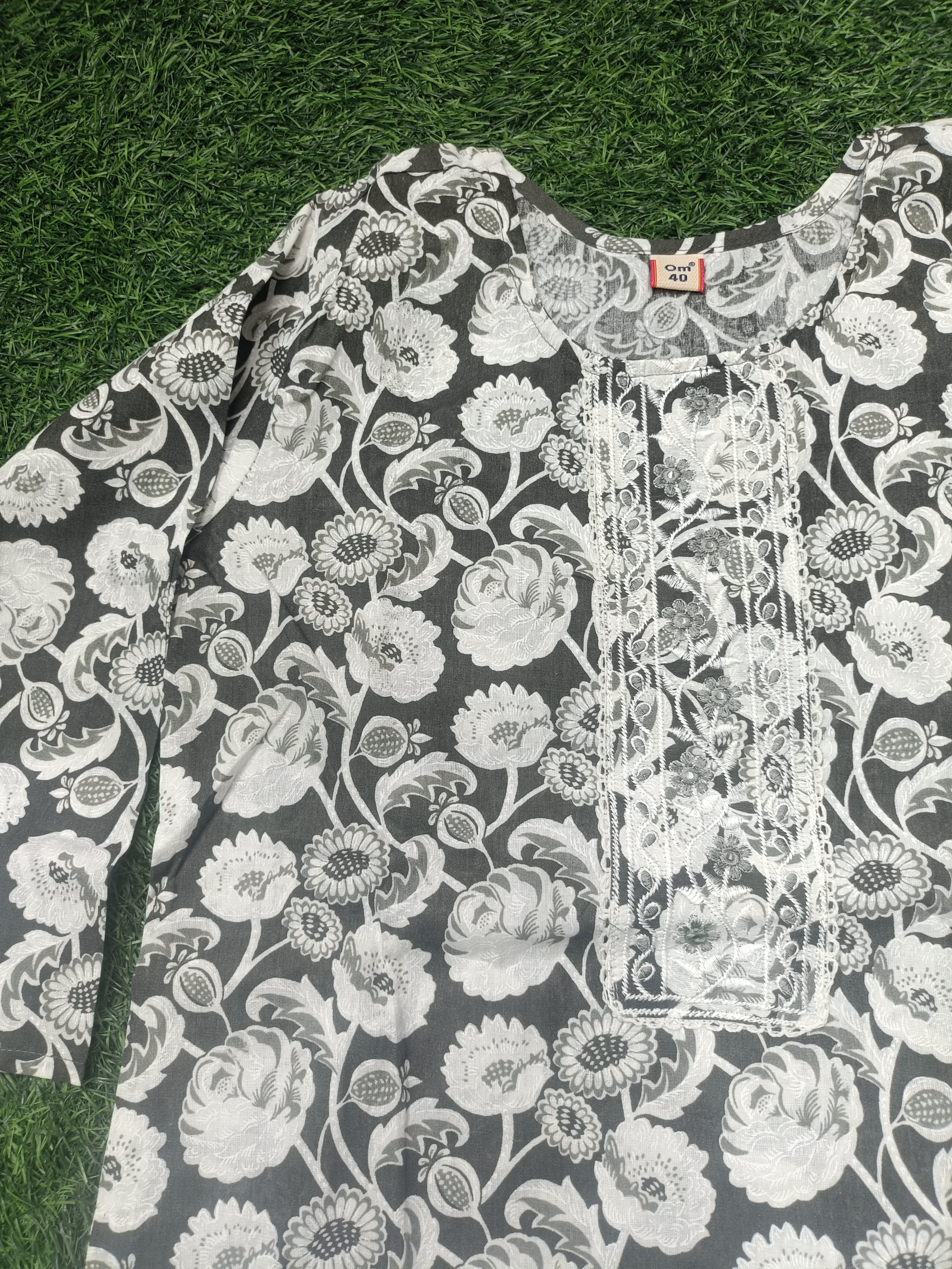 Elegant Grey and White Floral Printed Cotton 3-Piece Kurti Set