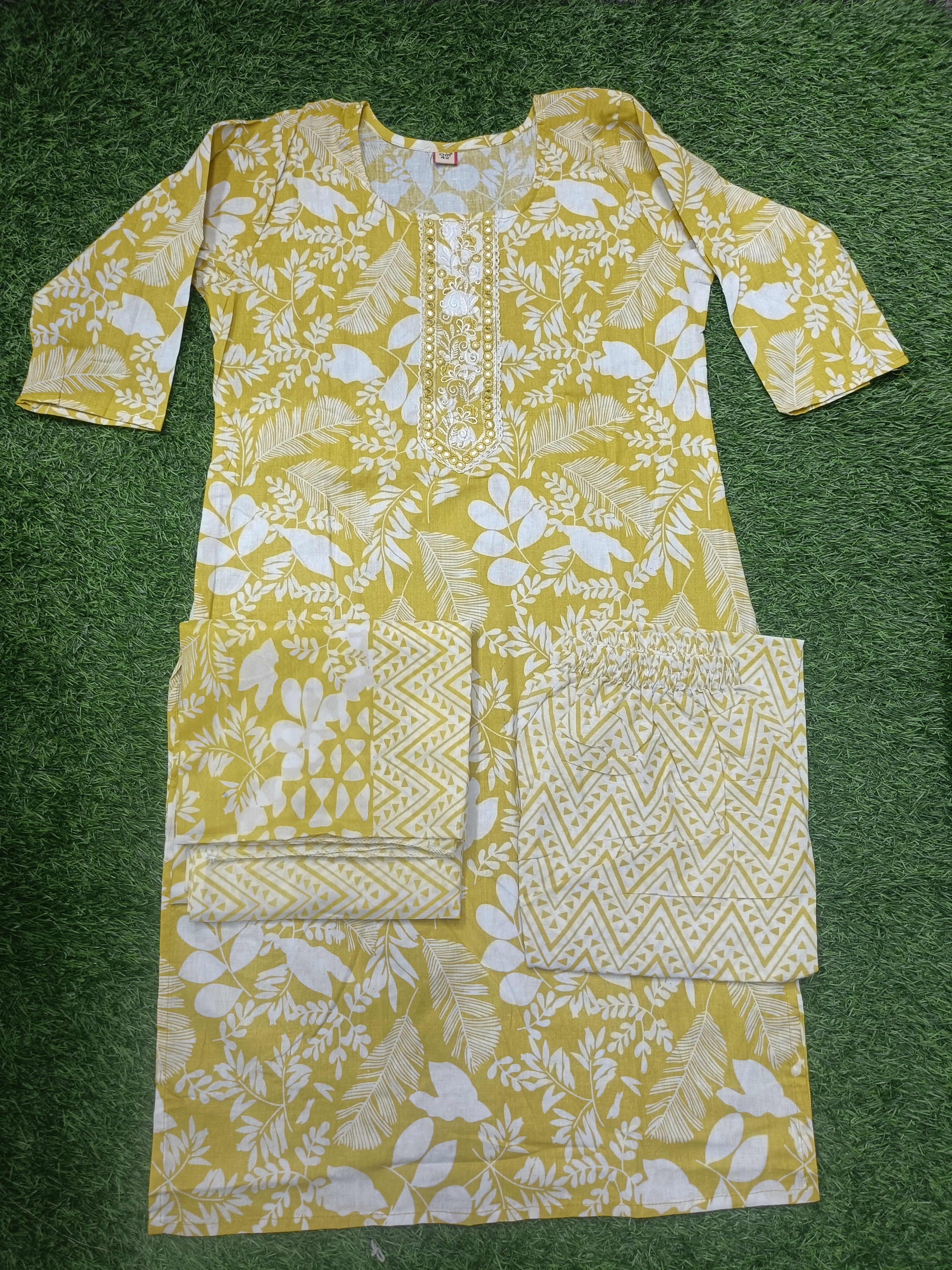 Elegant Mustard yellow and white Floral Printed cotton 3-Piece Kurti Set