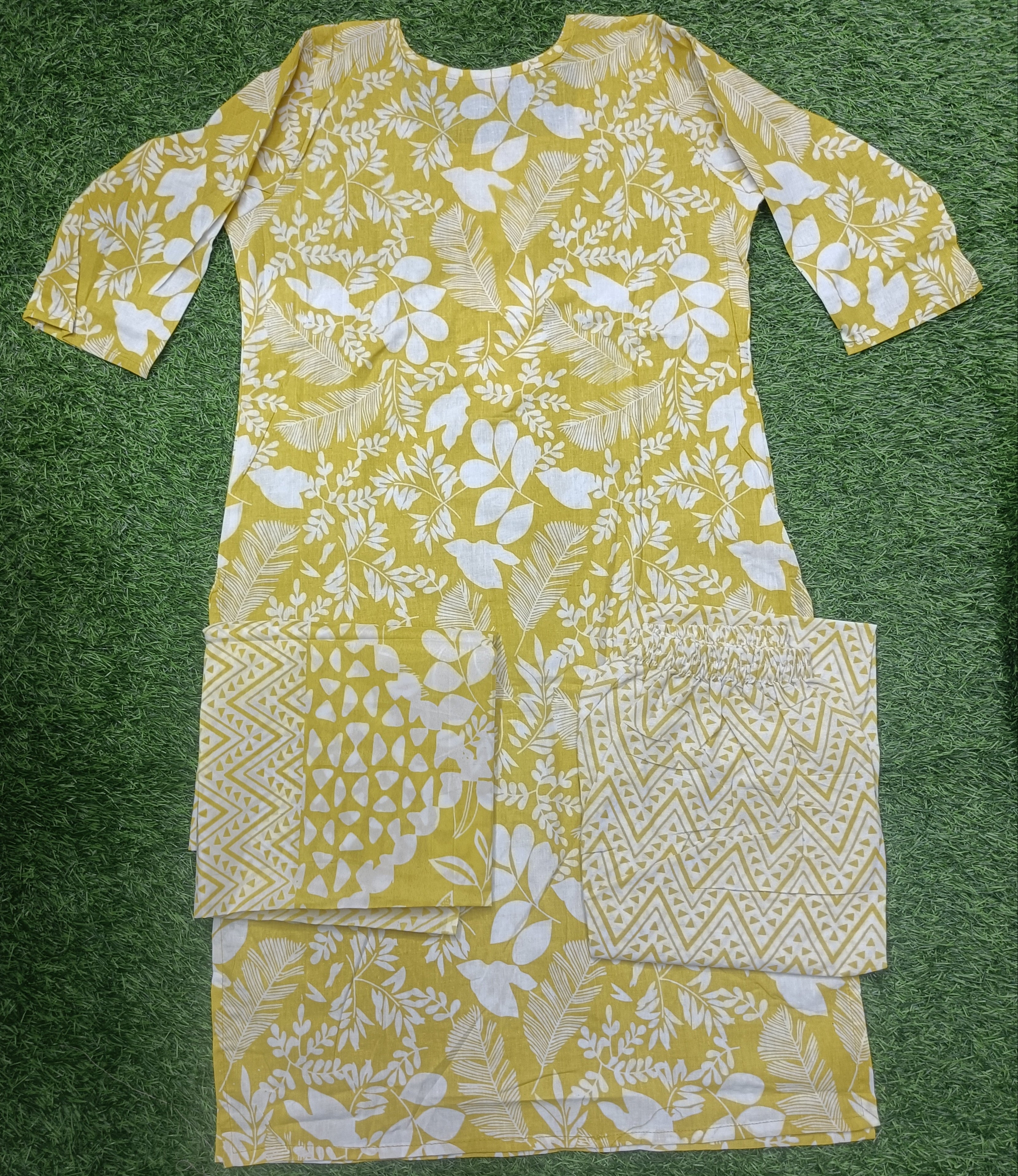 Elegant Mustard yellow and white Floral Printed cotton 3-Piece Kurti Set