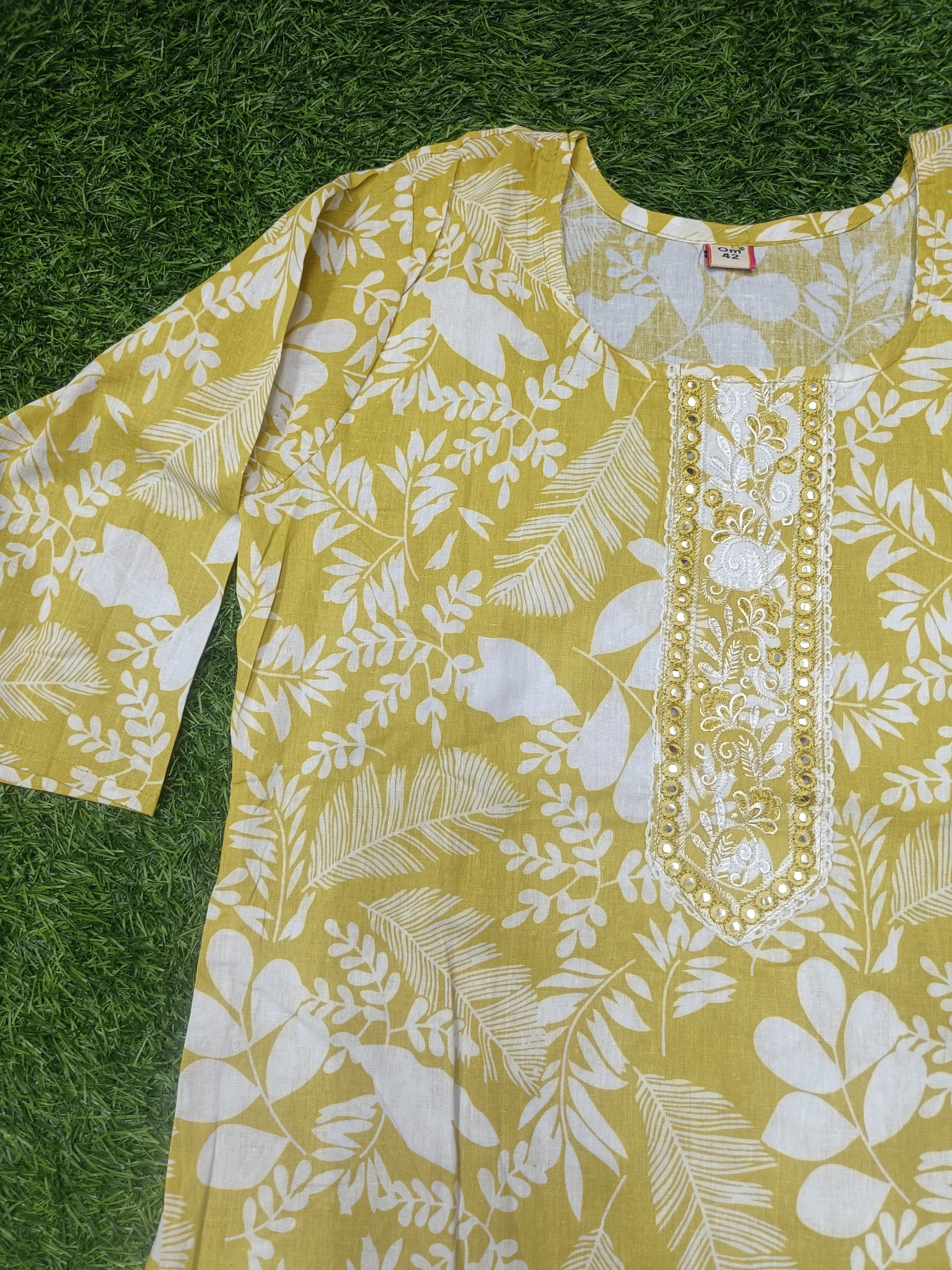 Elegant Mustard yellow and white Floral Printed cotton 3-Piece Kurti Set