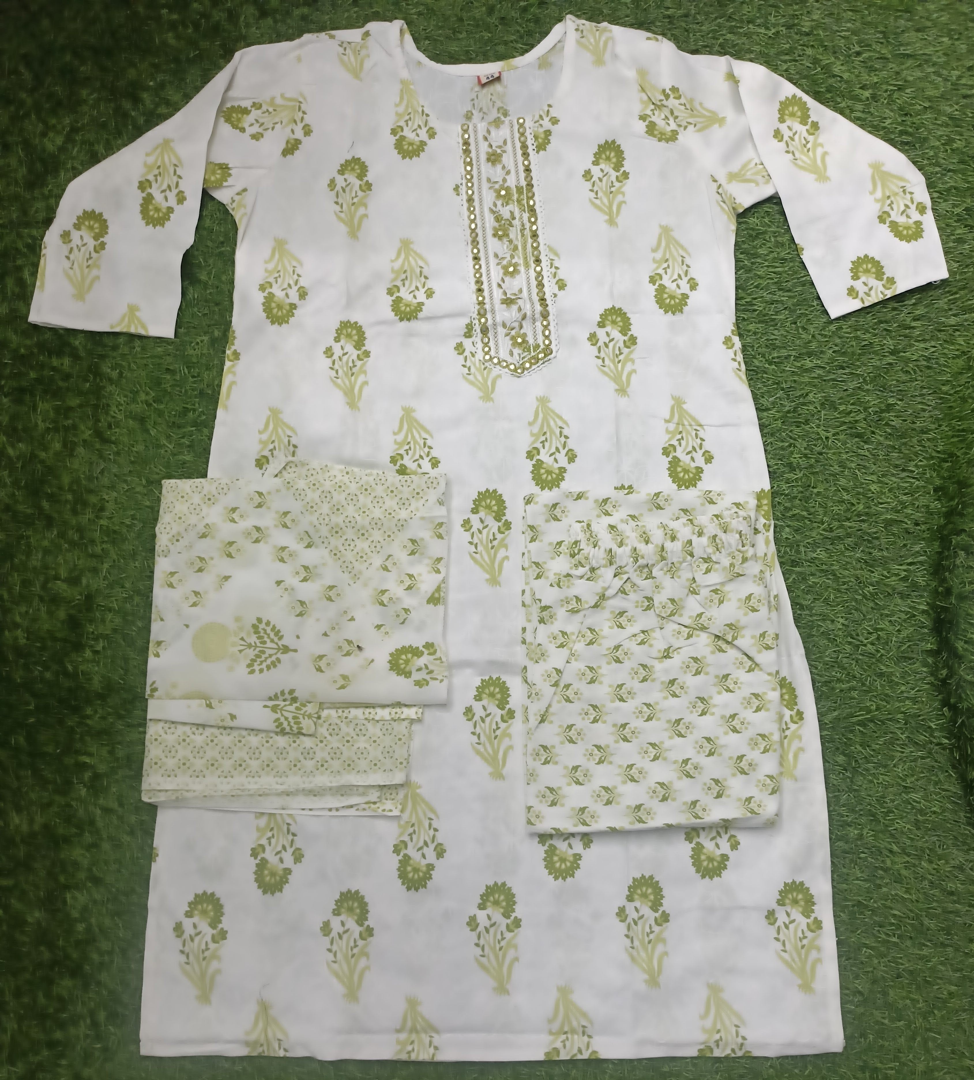 Elegant White and Green Block-Print Style Rayon 3-Piece Kurti Set