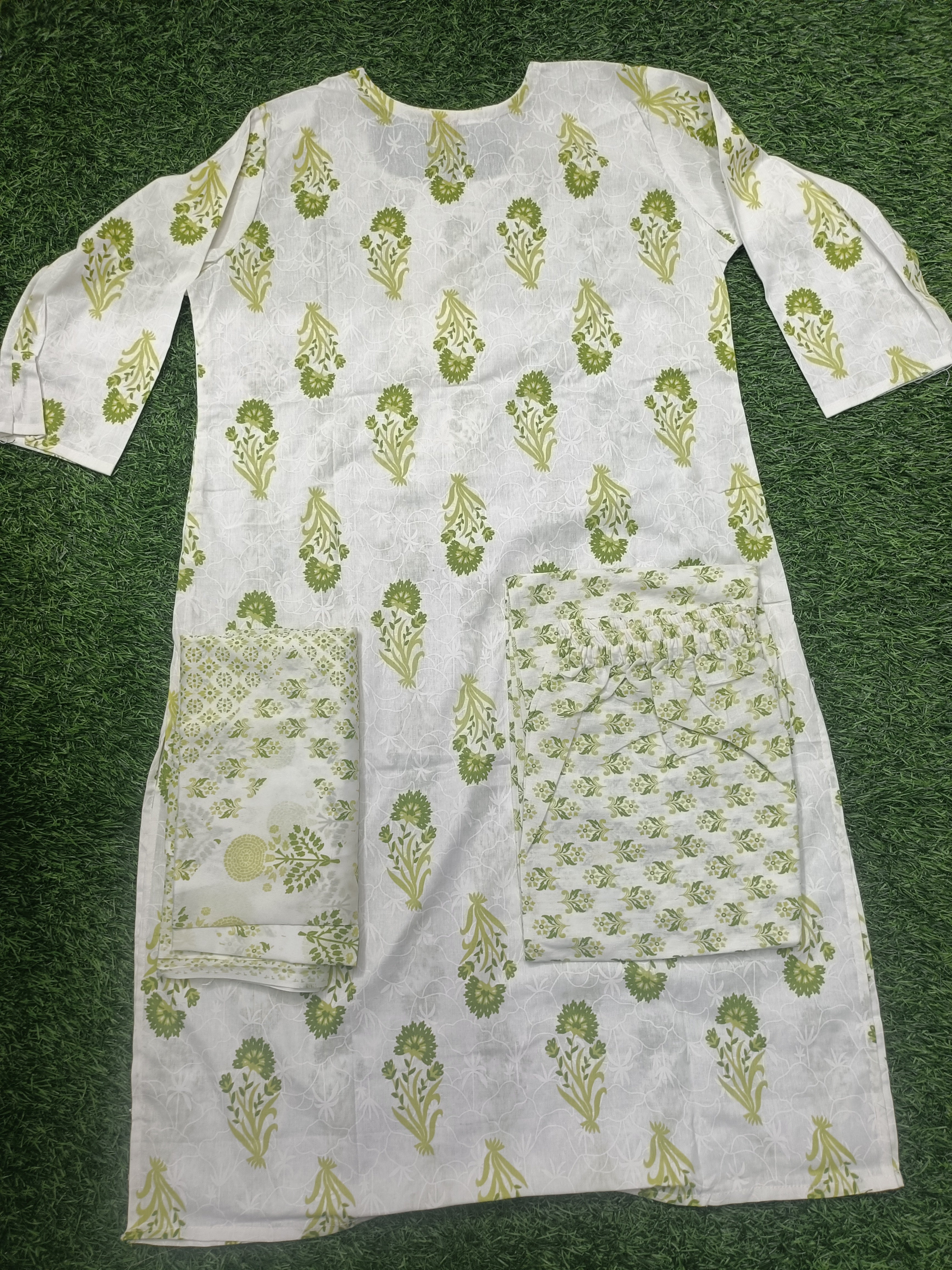 Elegant White and Green Block-Print Style Rayon 3-Piece Kurti Set