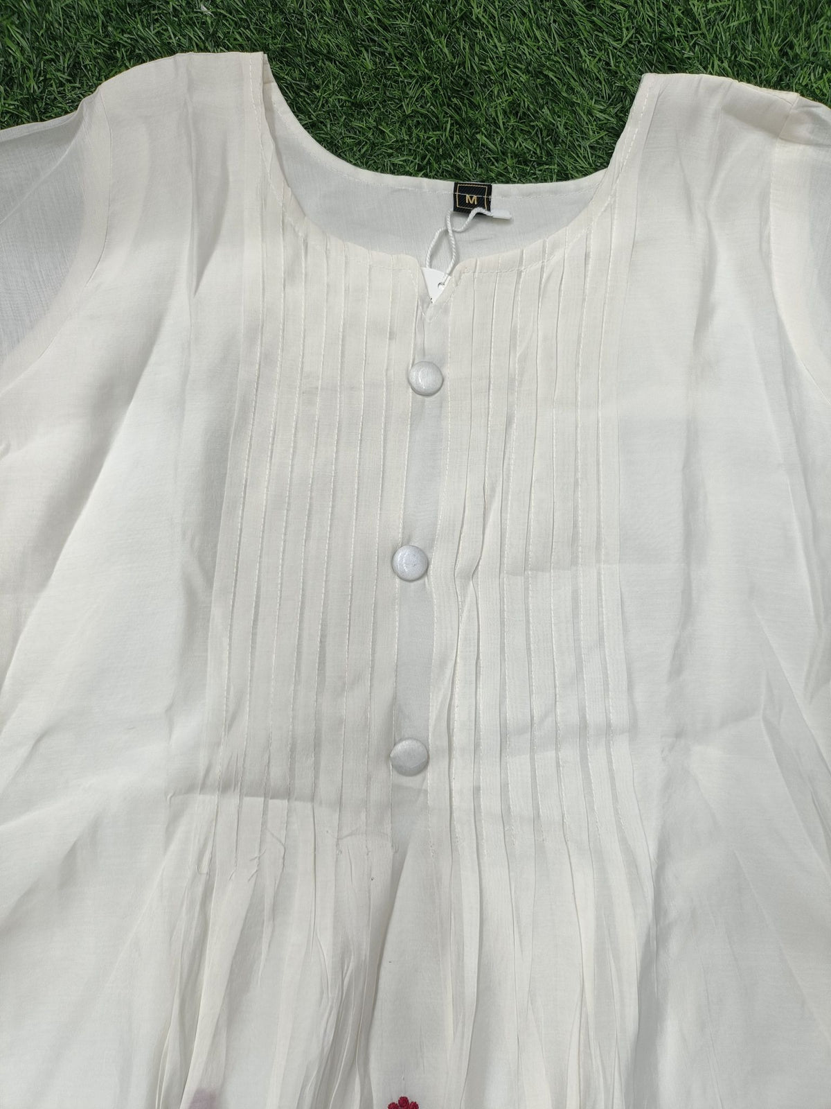 Elegant Light Grey Pleated and Embroidered Light Grey / Silver Grey with Pink and Green Floral Accents 3-Piece Silk Kurti Set