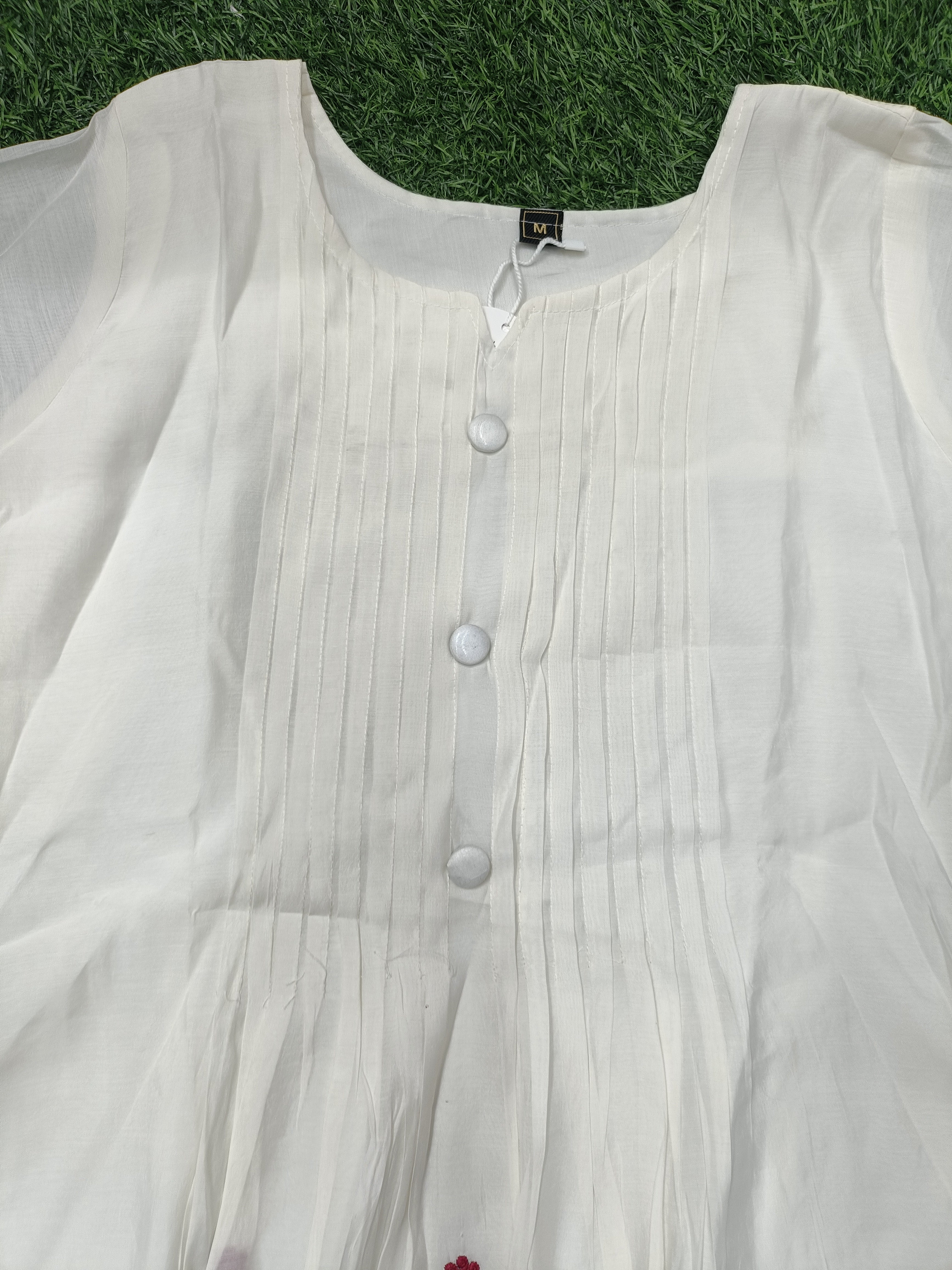 Elegant Off-White Pleated and Embroidered 3-Piece Rayon Kurti Set