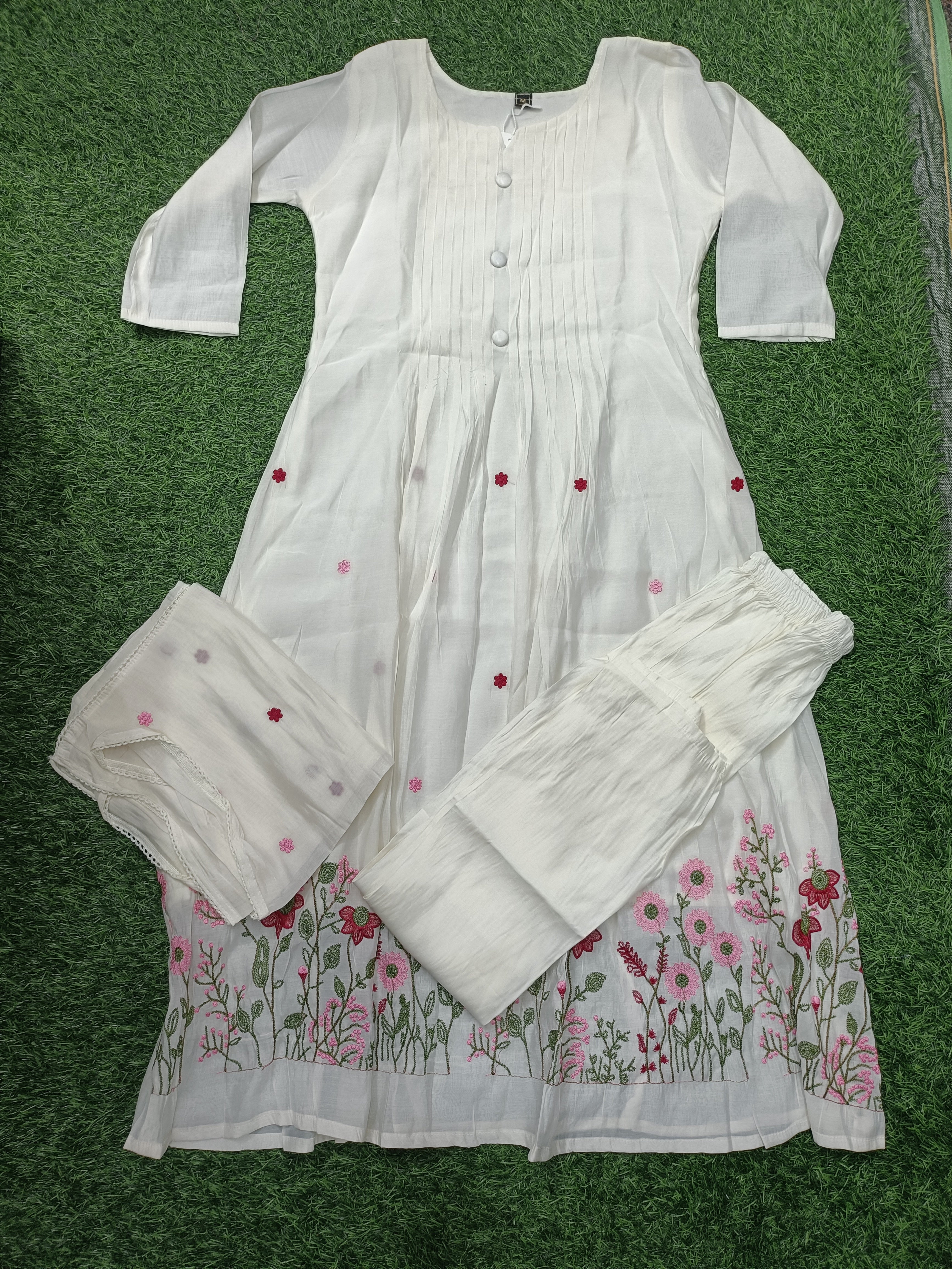 Elegant Light Grey Pleated and Embroidered Light Grey / Silver Grey with Pink and Green Floral Accents 3-Piece Silk Kurti Set